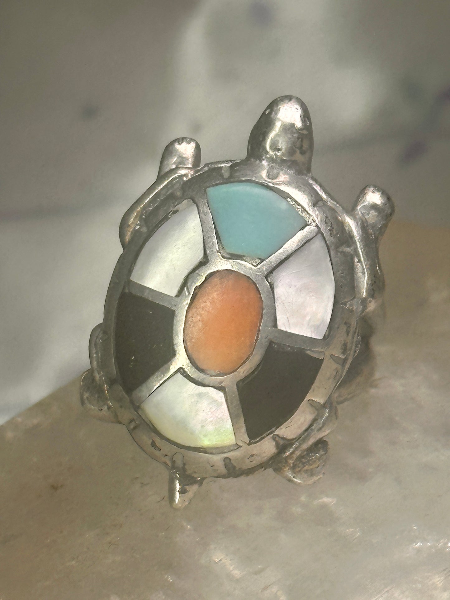 Vintage Turtle ring size 4.25 Navajo  sterling silver  turquoise MOP coral onyx men women