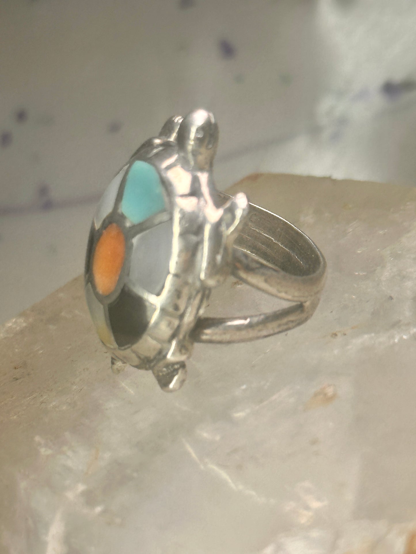 Vintage Turtle ring size 4.25 Navajo  sterling silver  turquoise MOP coral onyx men women