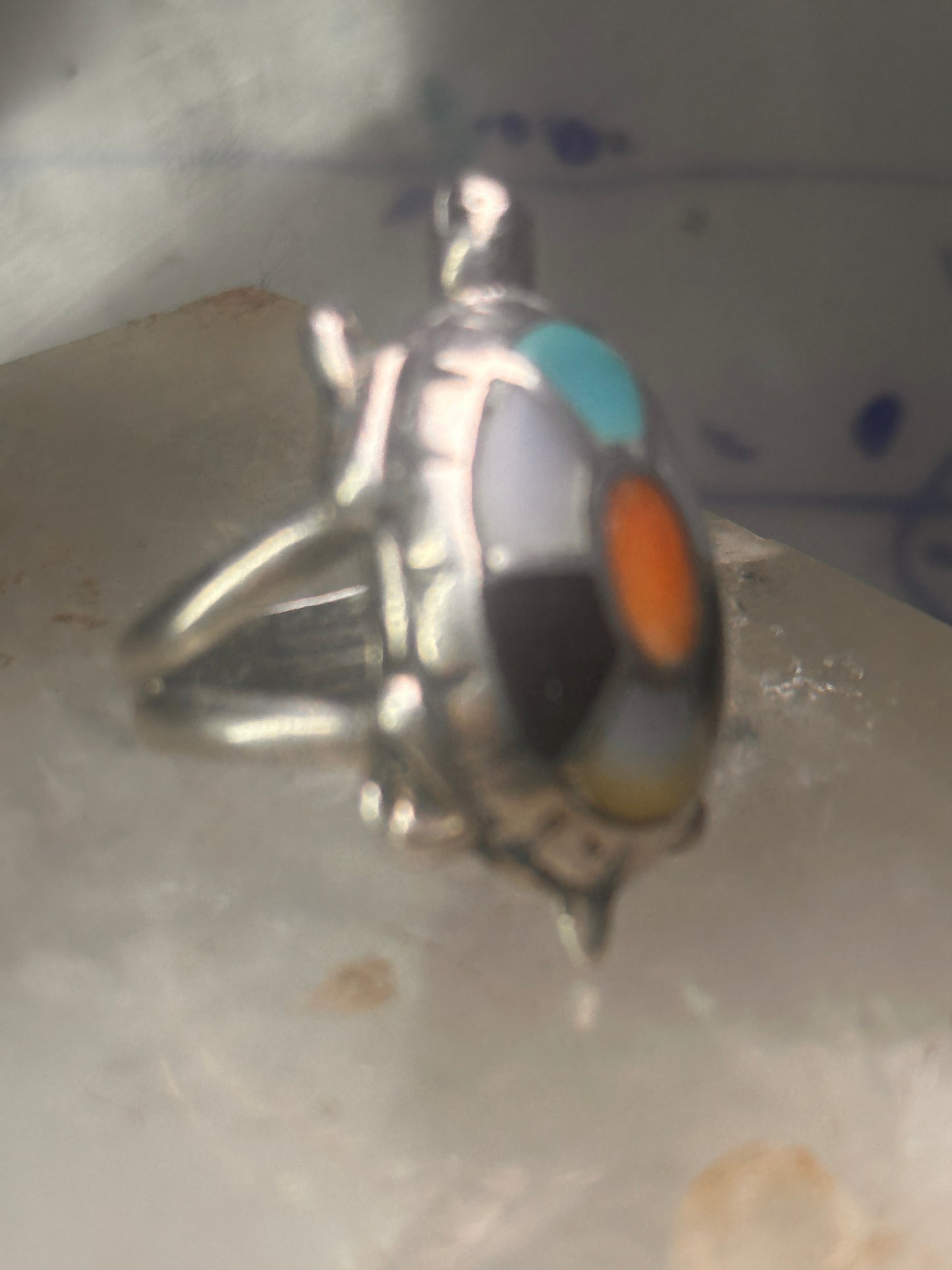 Vintage Turtle ring size 4.25 Navajo  sterling silver  turquoise MOP coral onyx men women