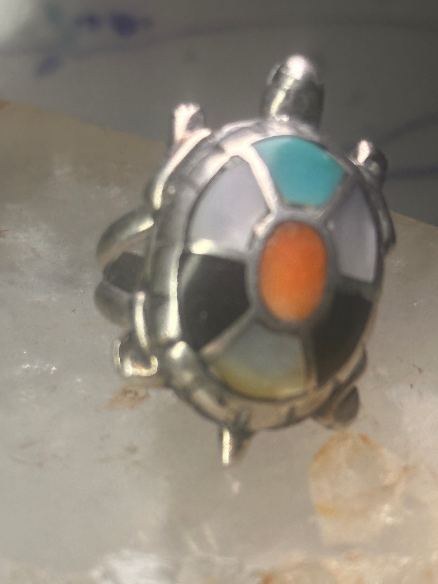 Vintage Turtle ring size 4.25 Navajo  sterling silver  turquoise MOP coral onyx men women