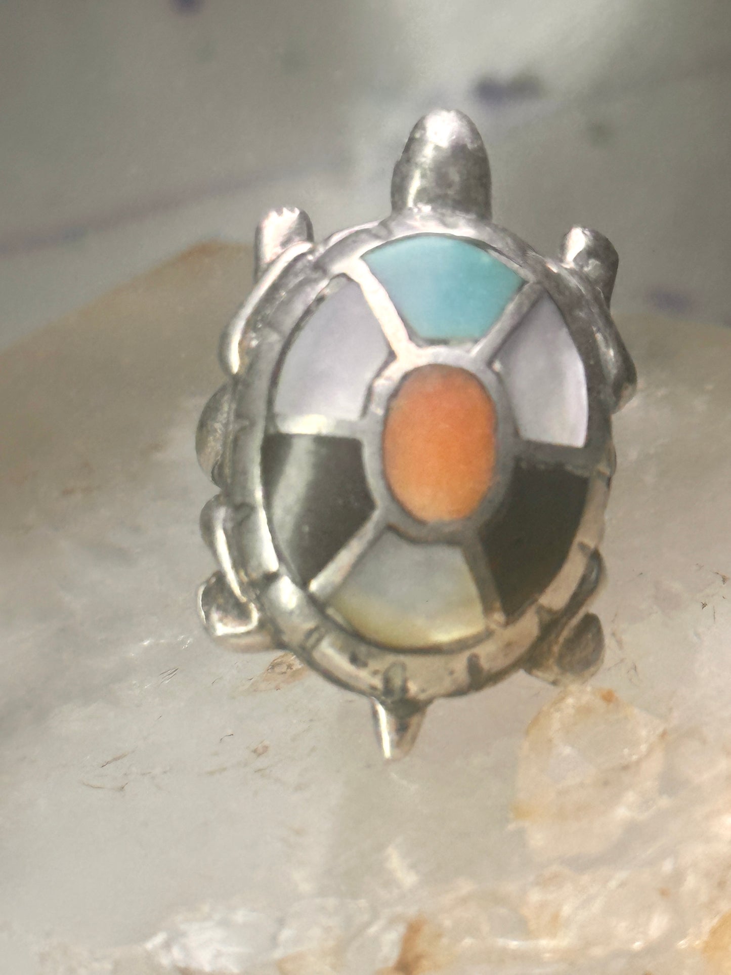 Vintage Turtle ring size 4.25 Navajo  sterling silver  turquoise MOP coral onyx men women