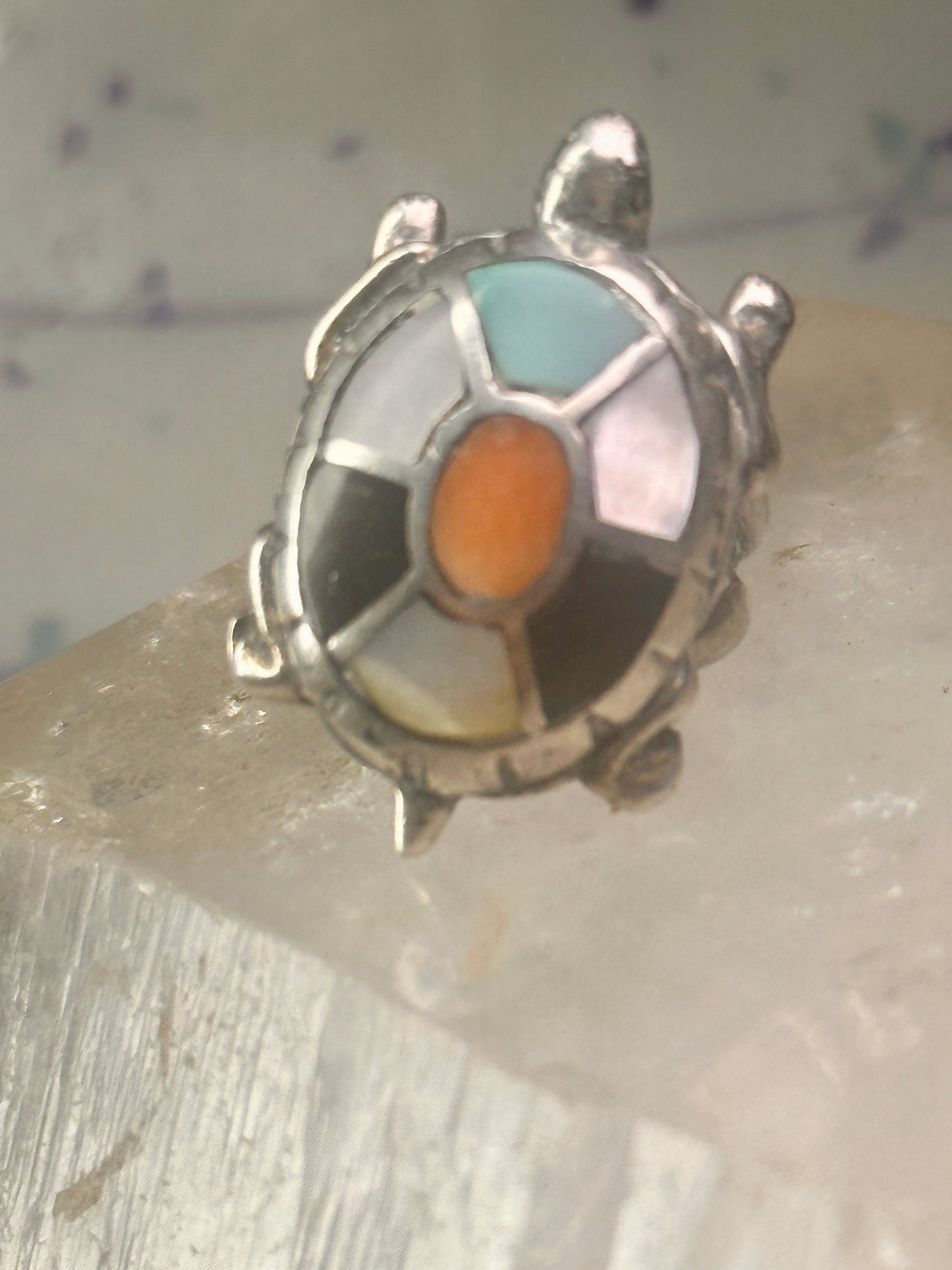 Vintage Turtle ring size 4.25 Navajo  sterling silver  turquoise MOP coral onyx men women