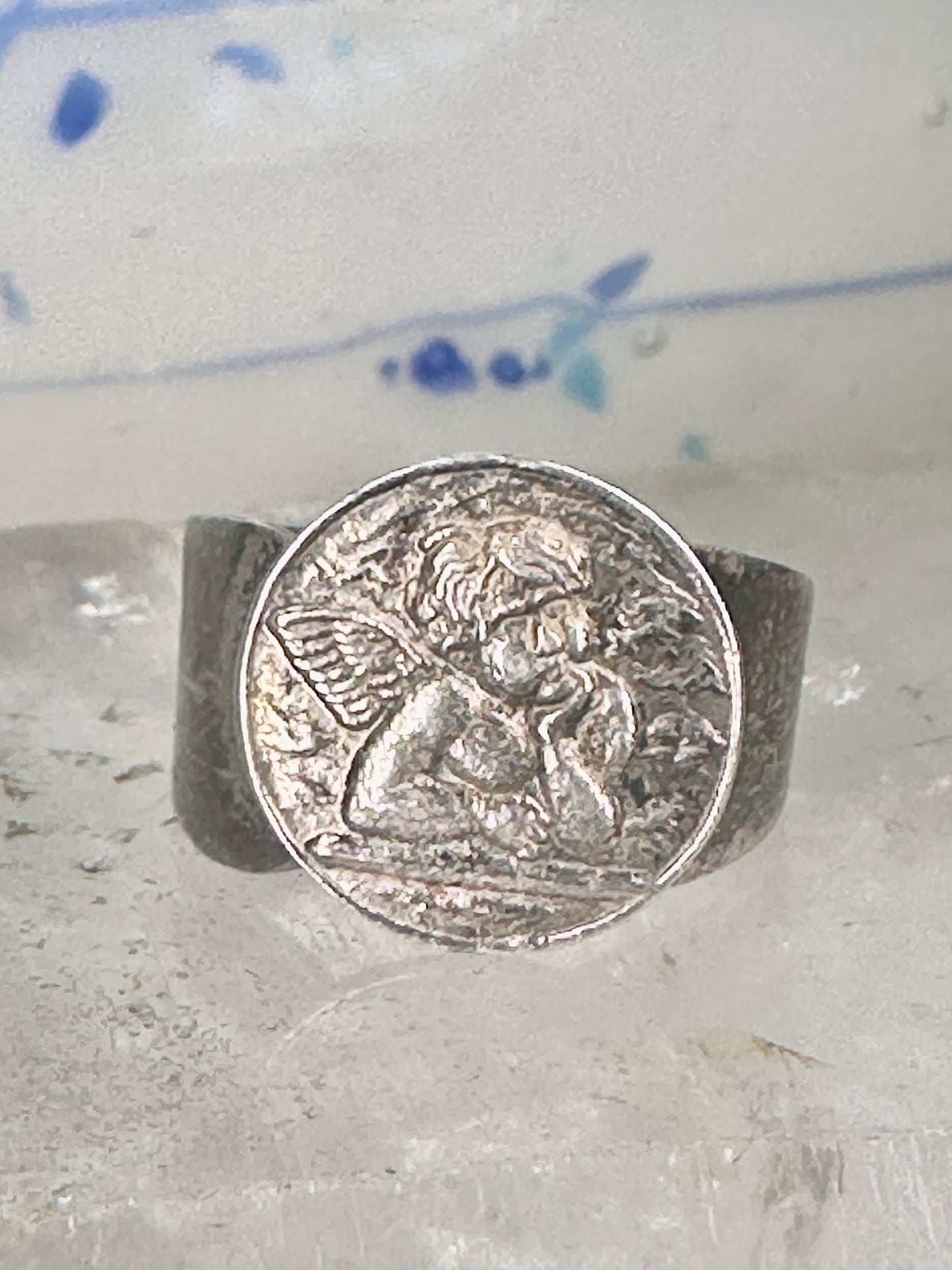 Angel ring figurative art deco cupid  band size 8 sterling silver women