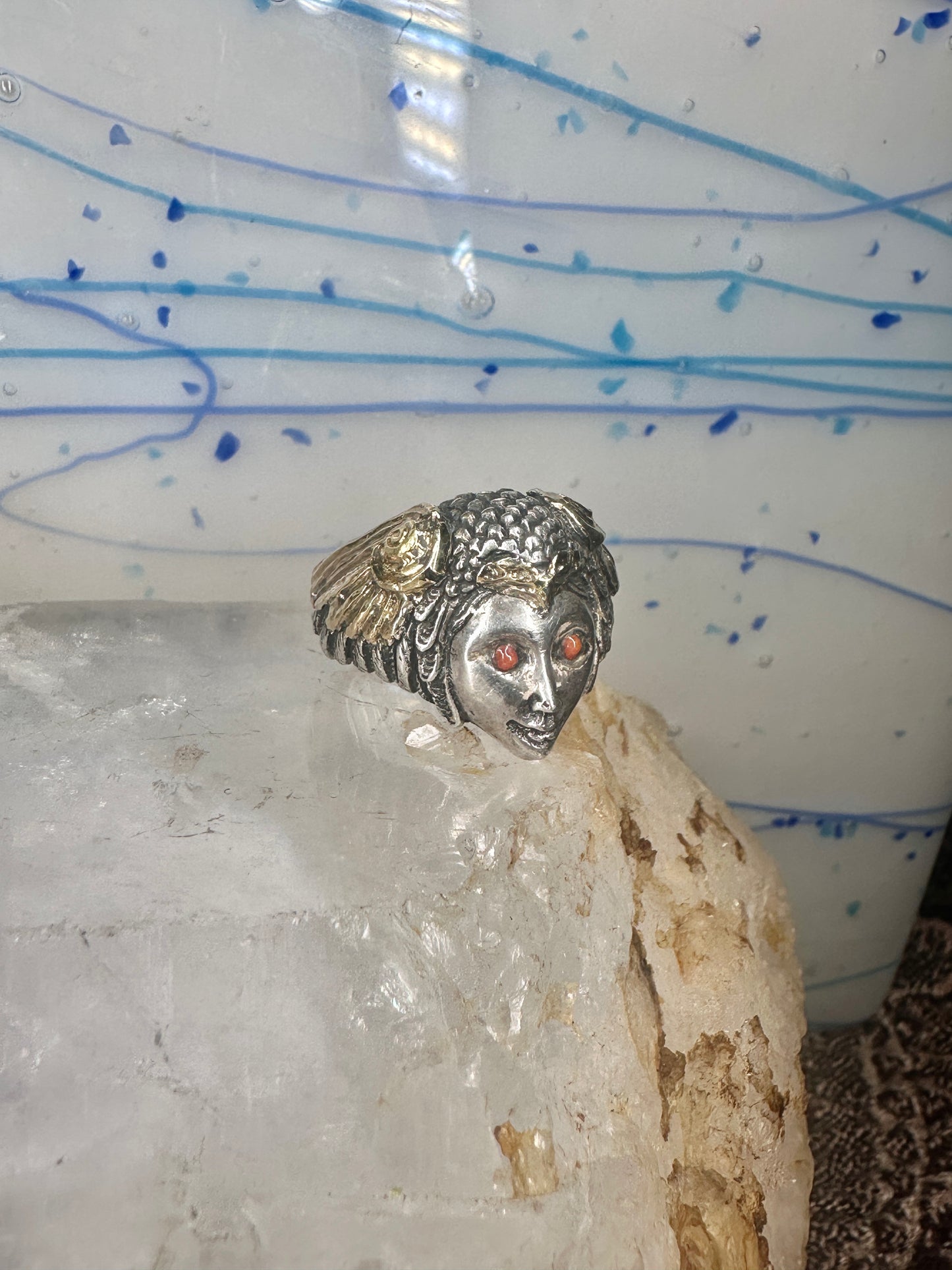 Face ring figurative mythological eagle wings band size 7.75 sterling silver women