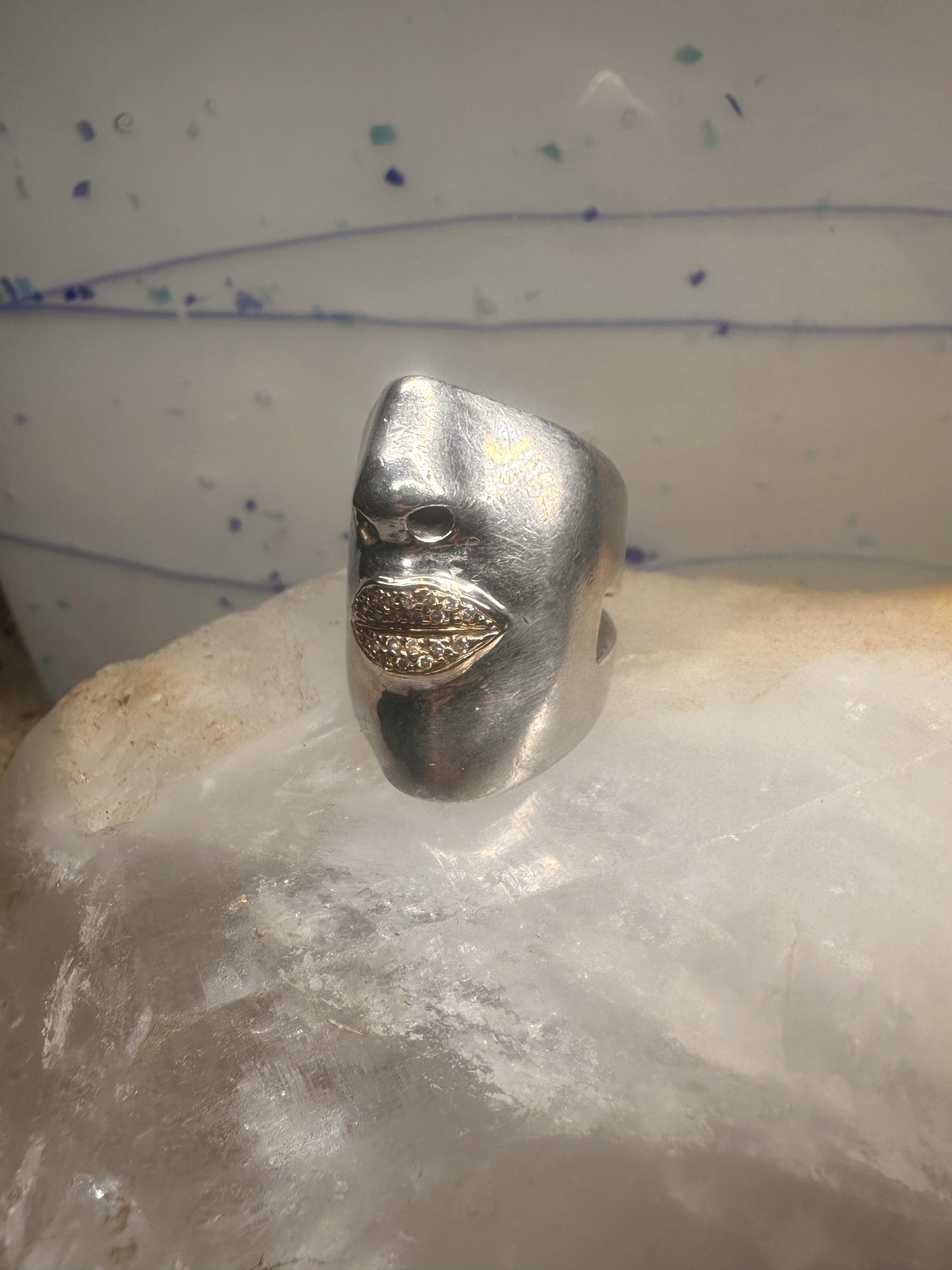 Sonia Bitton ring size 4.75 face cigar band w diamond lips pinky sterling silver women