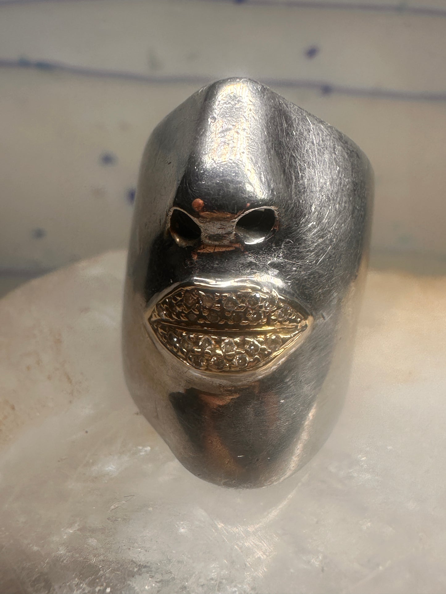 Sonia Bitton ring size 4.75 face cigar band w diamond lips pinky sterling silver women