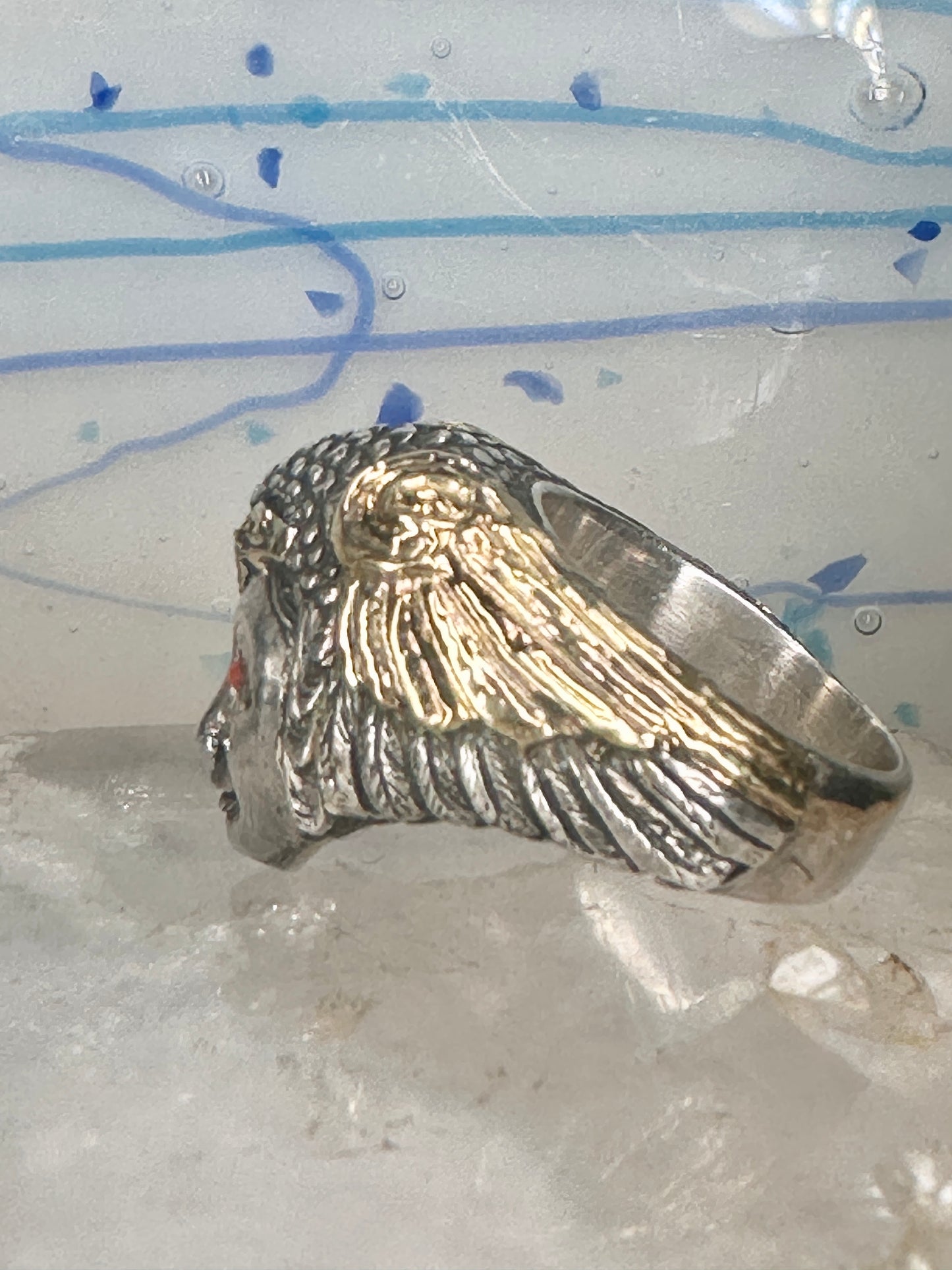 Face ring figurative mythological eagle wings band size 7.75 sterling silver women