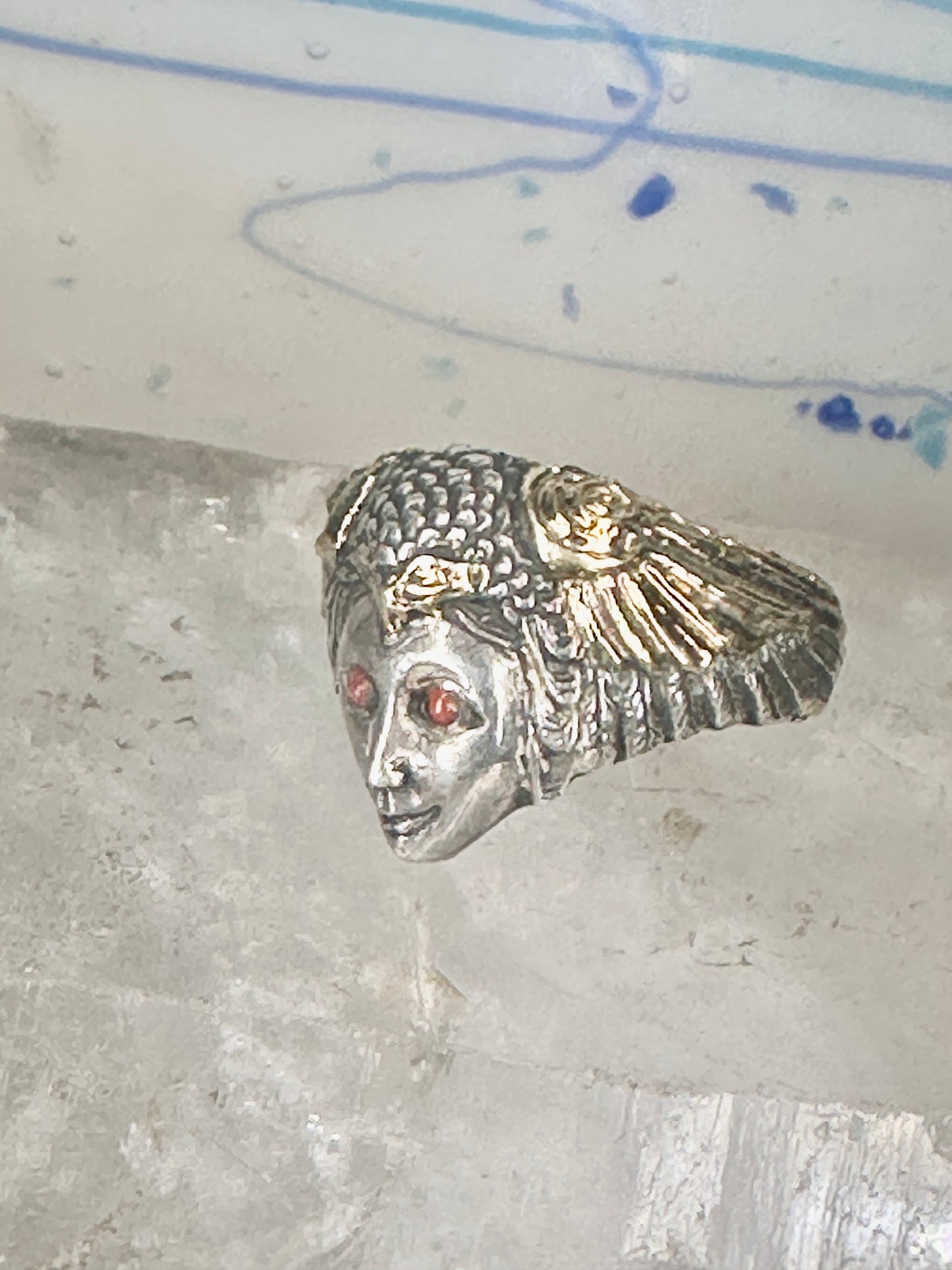 Face ring figurative mythological eagle wings band size 7.75 sterling silver women