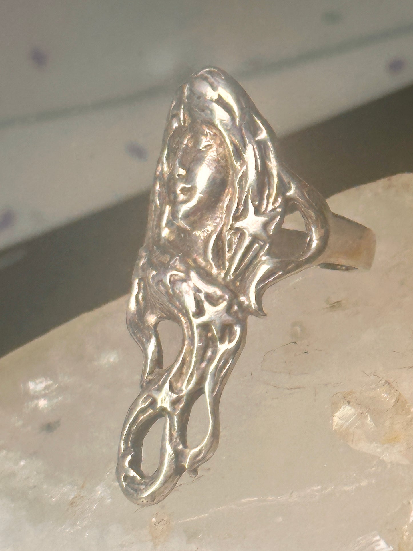Long Face ring stars band Art Deco celestial size 6.50 sterling silver women