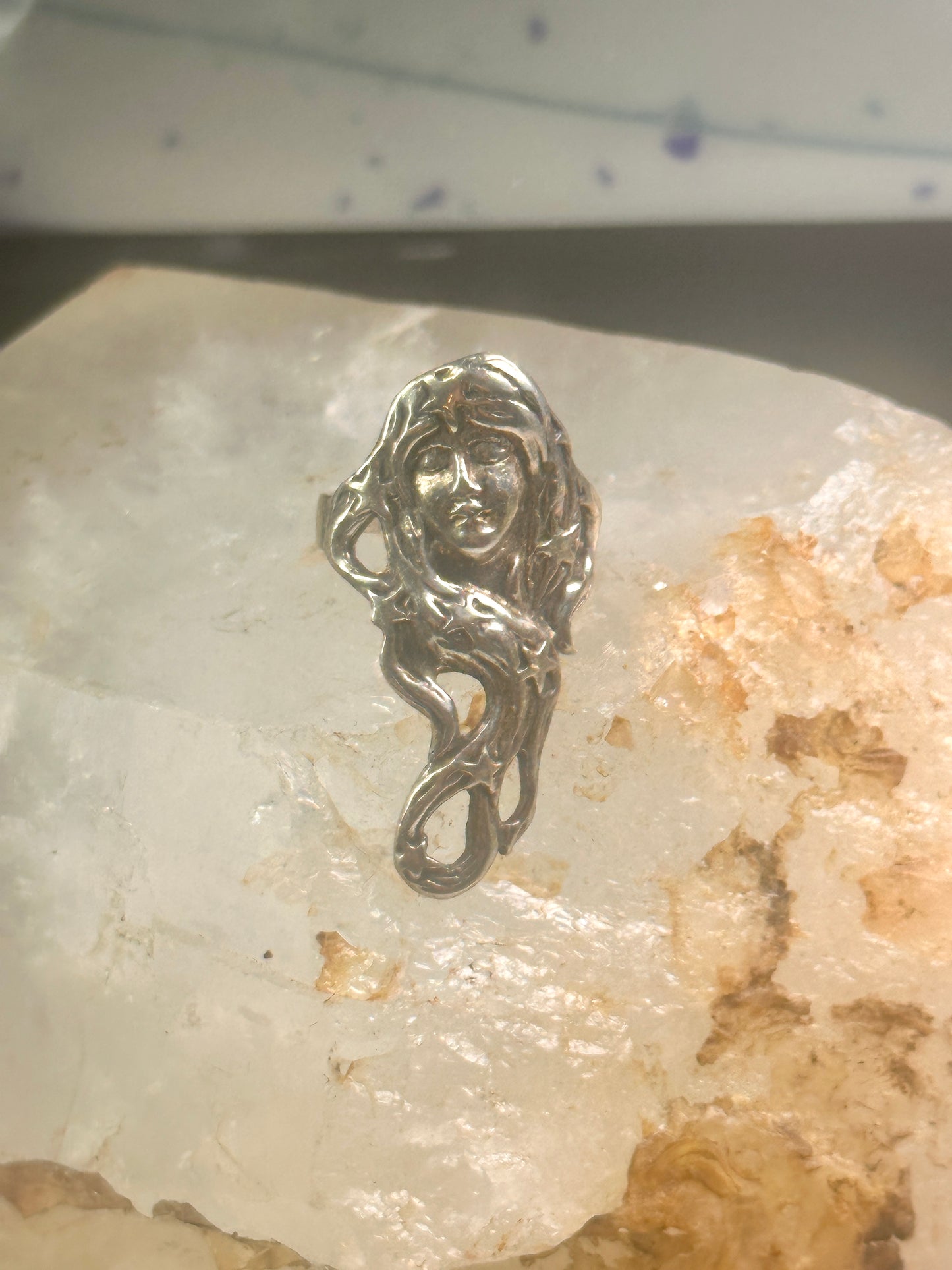 Long Face ring stars band Art Deco celestial size 6.50 sterling silver women