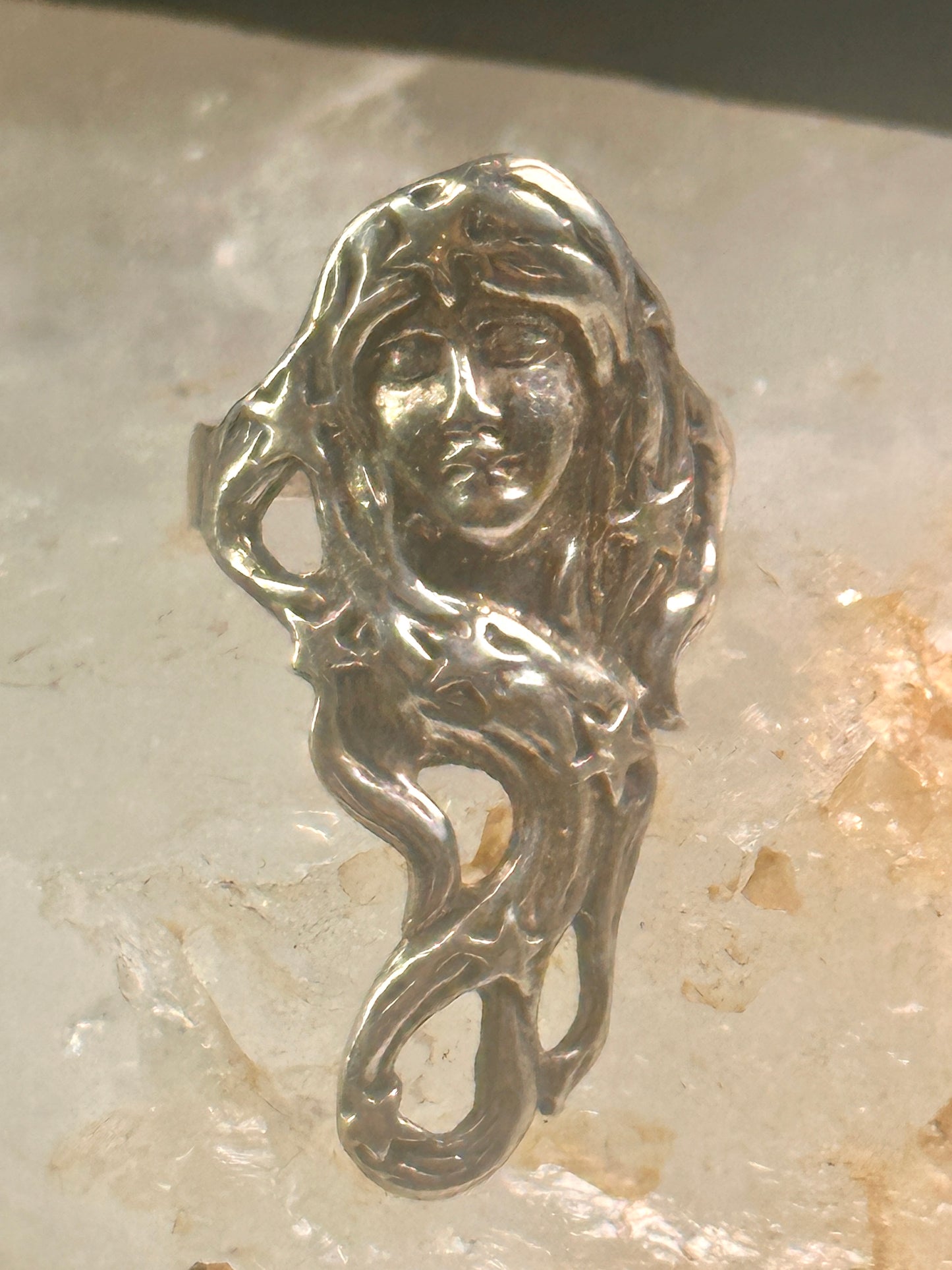 Long Face ring stars band Art Deco celestial size 6.50 sterling silver women