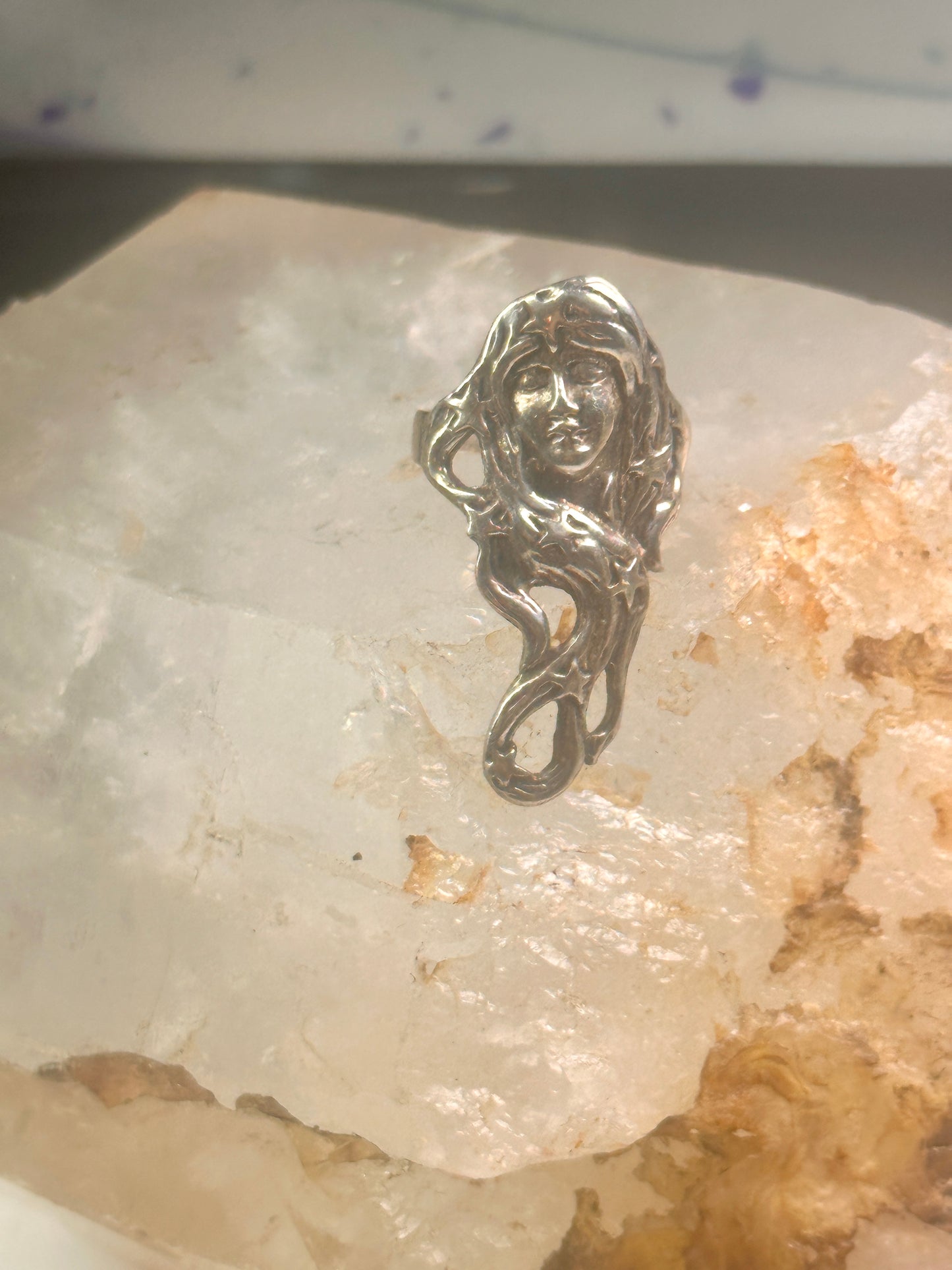 Long Face ring stars band Art Deco celestial size 6.50 sterling silver women