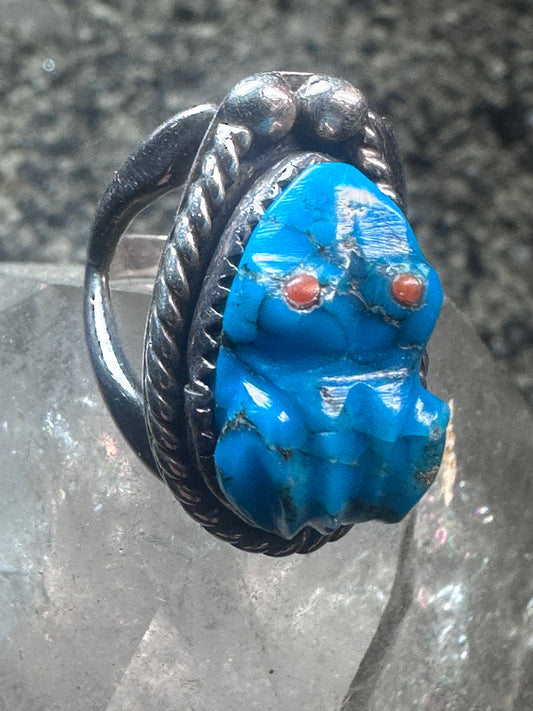 Carved Frog ring coral Inlaid eyes size 5.75 pinky Sterling silver women girls