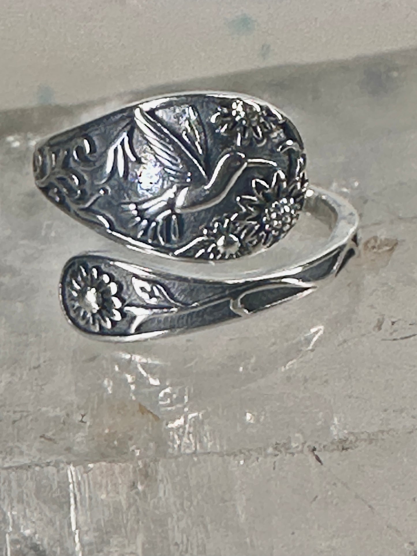 Hummingbird spoon ring floral band size 7 sterling silver women girls