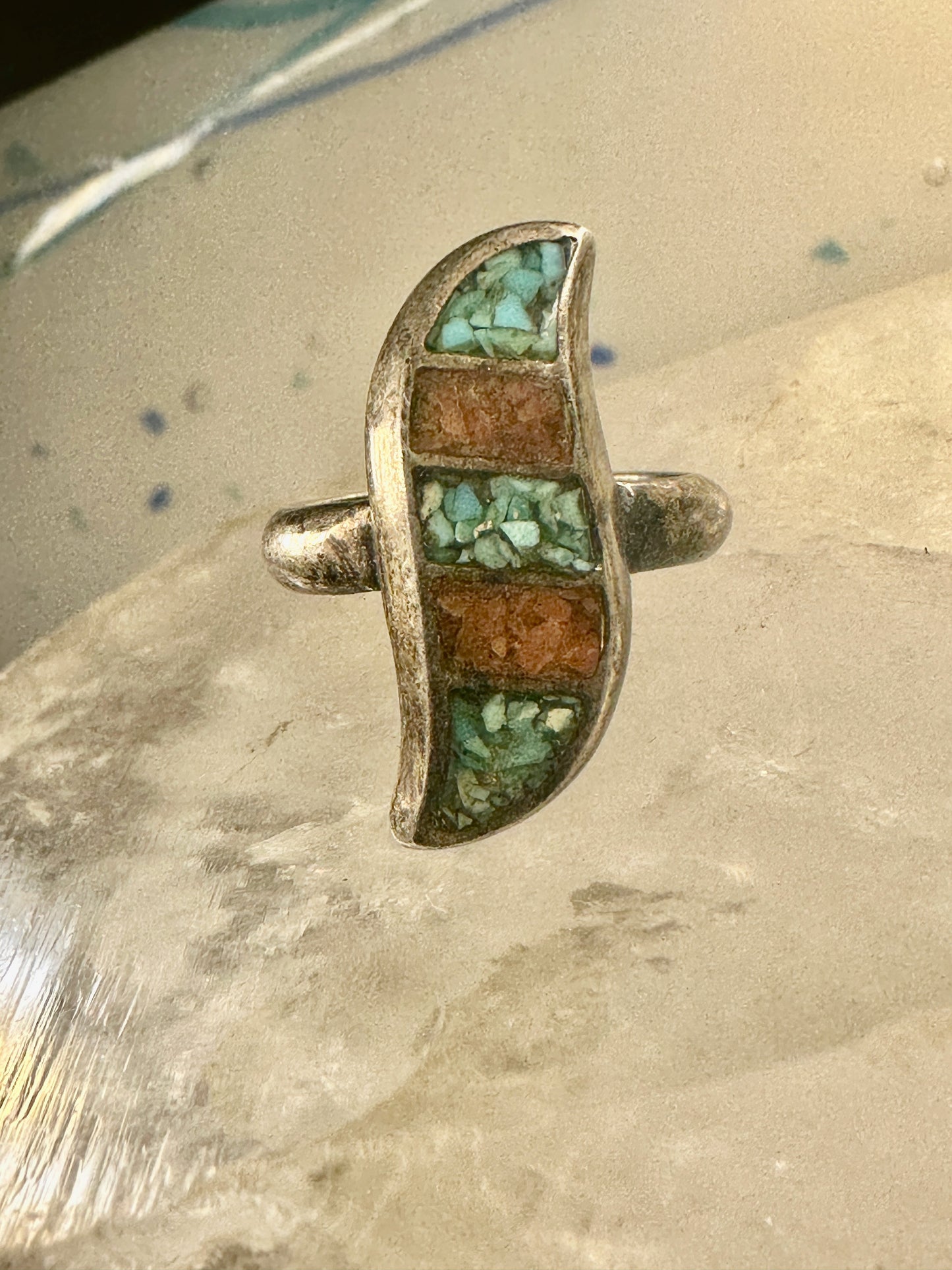 Zuni ring turquoise coral chips band size 5.50 sterling silver women