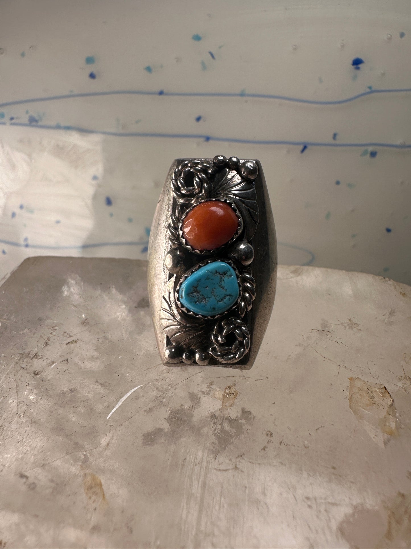 Navajo ring turquoise coral long band size 8.5 sterling silver women men