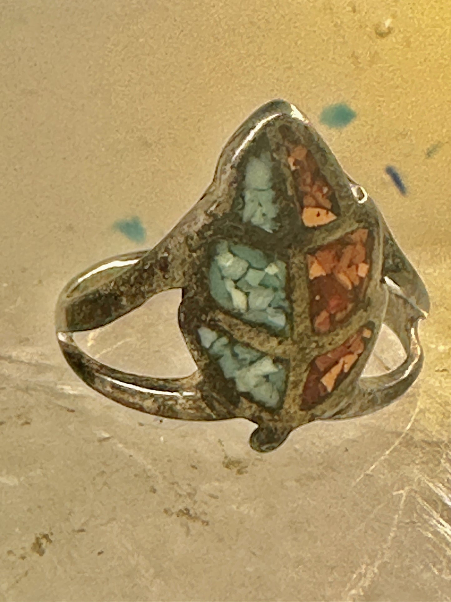 Leaf ring turquoise coral chips size 6.50 sterling silver women