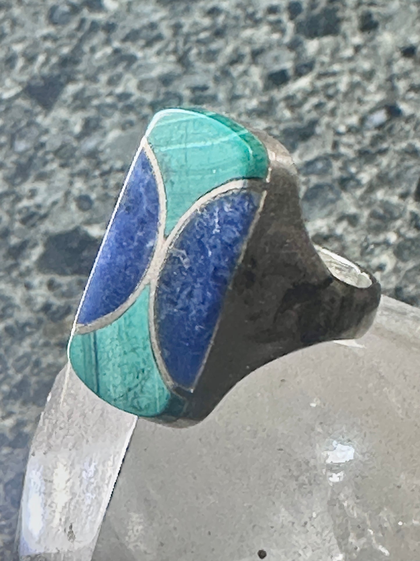 Vintage Malachite Blue Lapis Ring J Comes Taxco Mexico size 8.7 Sterling silver women men