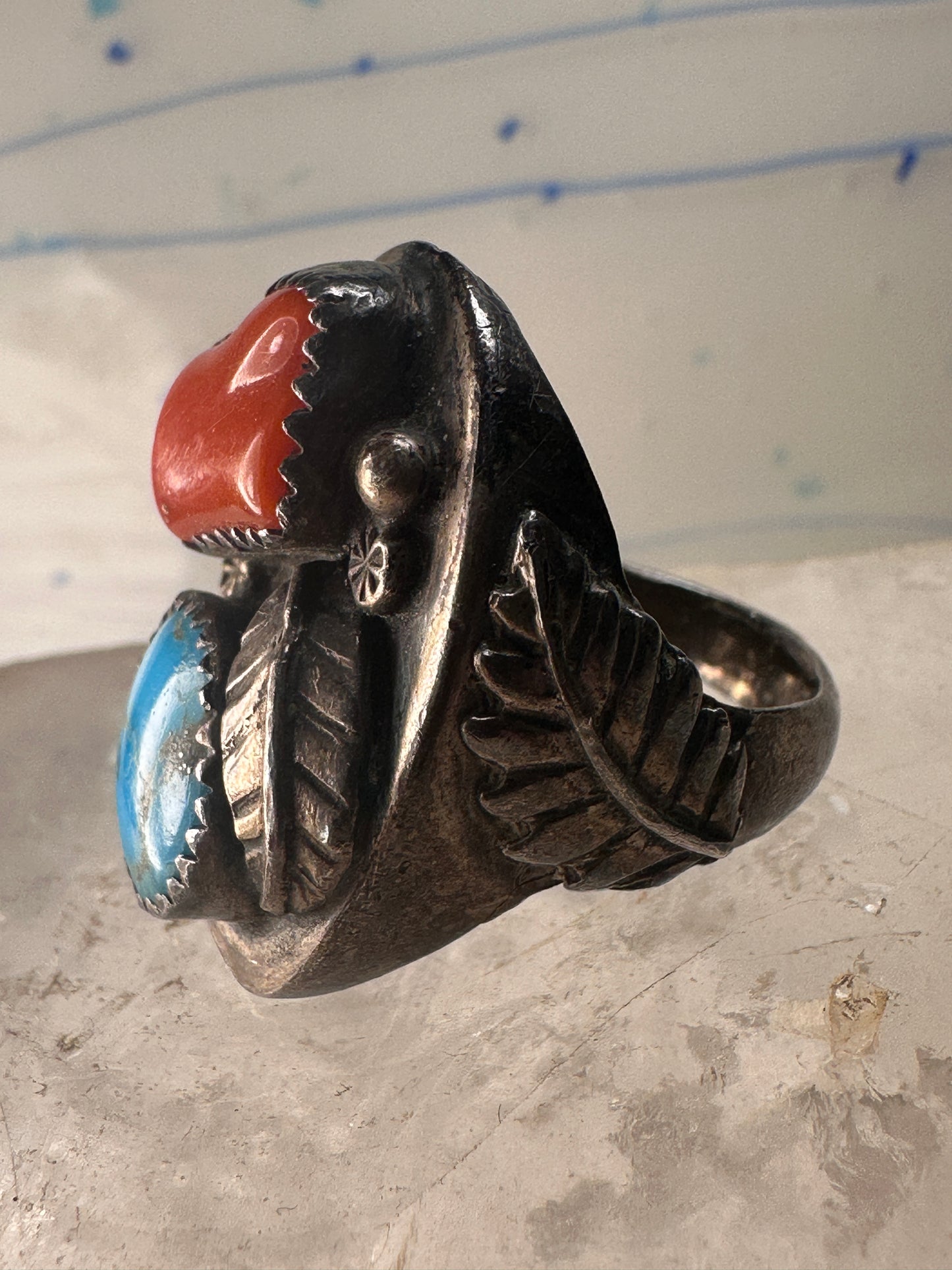 Navajo ring turquoise leaf coral band size 10 sterling silver women men