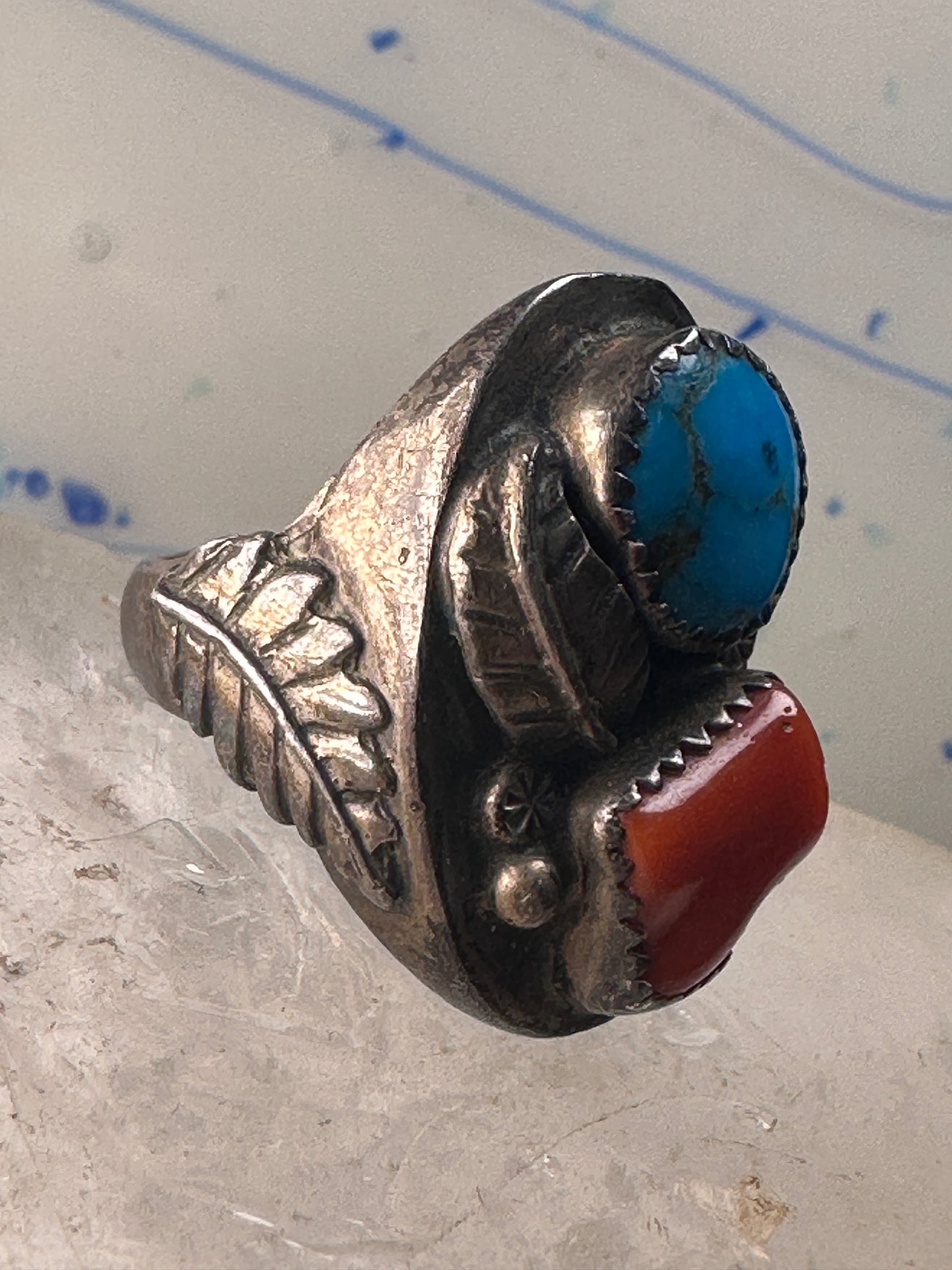Navajo ring turquoise leaf coral band size 10 sterling silver women men