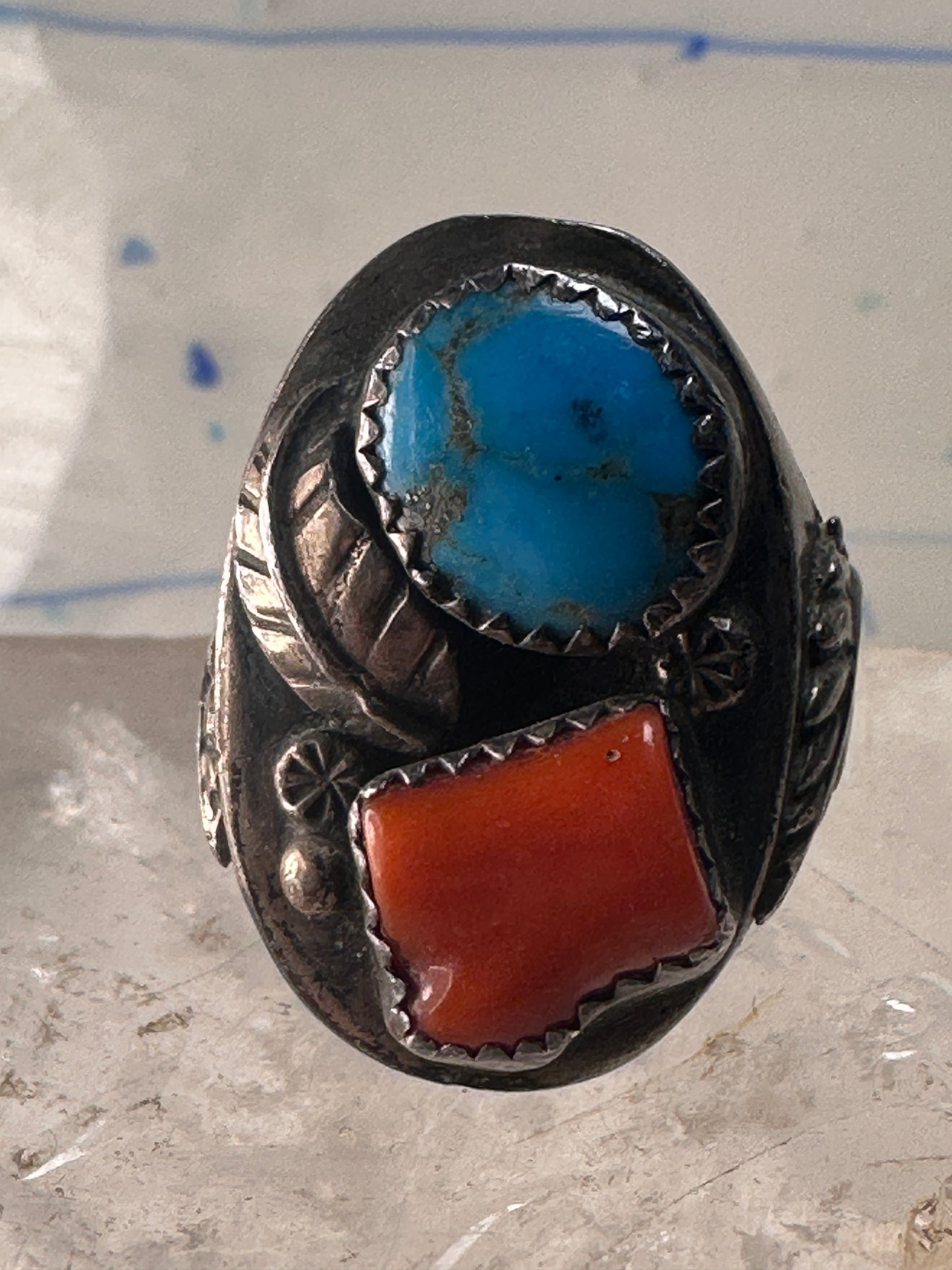 Navajo ring turquoise leaf coral band size 10 sterling silver women men