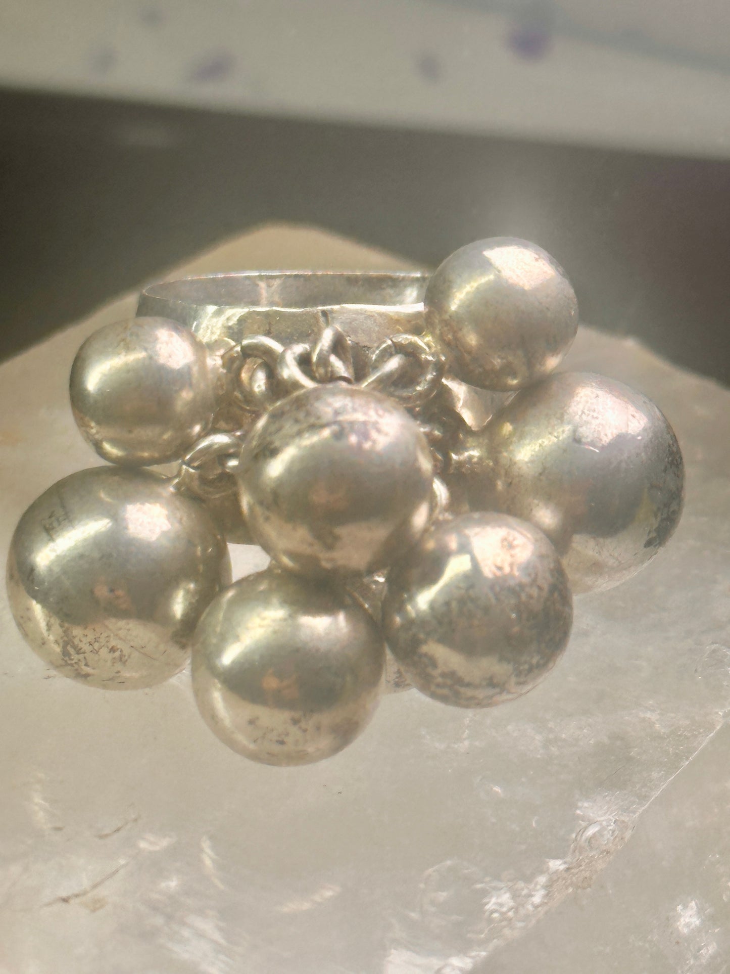 Bead Cluster ring moving Heavy balls cha cha wide band size 7.50 sterling silver women 1970's