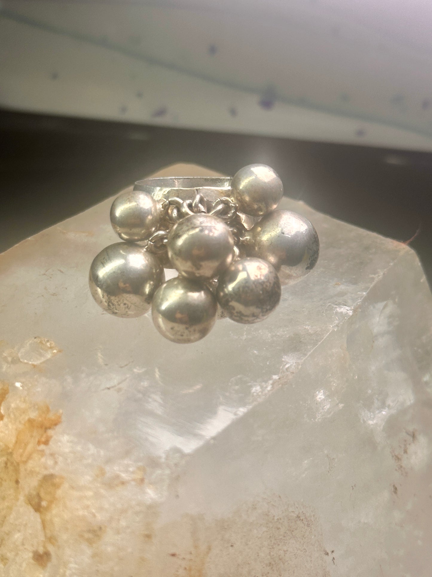 Bead Cluster ring moving Heavy balls cha cha wide band size 7.50 sterling silver women 1970's