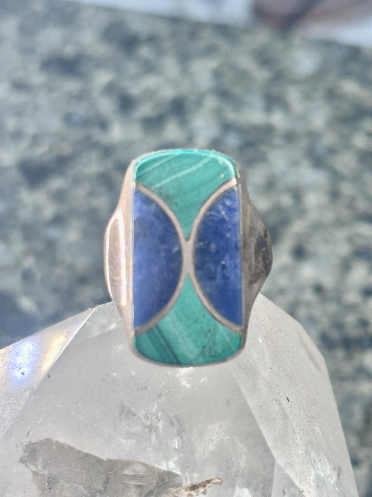 Vintage Malachite Blue Lapis Ring J Comes Taxco Mexico size 8.7 Sterling silver women men