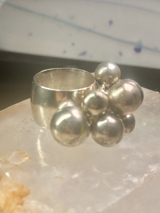 Bead Cluster ring moving Heavy balls cha cha wide band size 7.50 sterling silver women 1970's