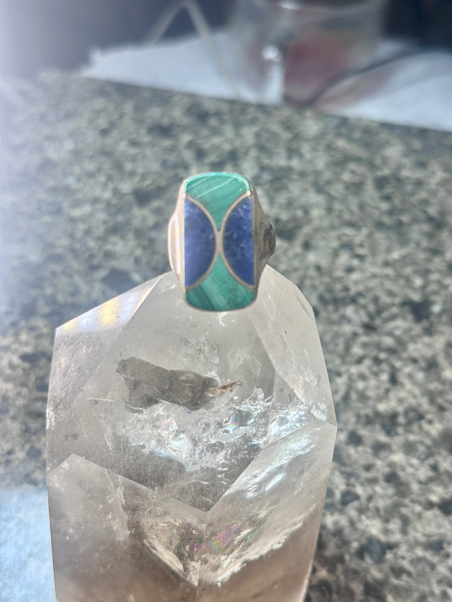 Vintage Malachite Blue Lapis Ring J Comes Taxco Mexico size 8.7 Sterling silver women men