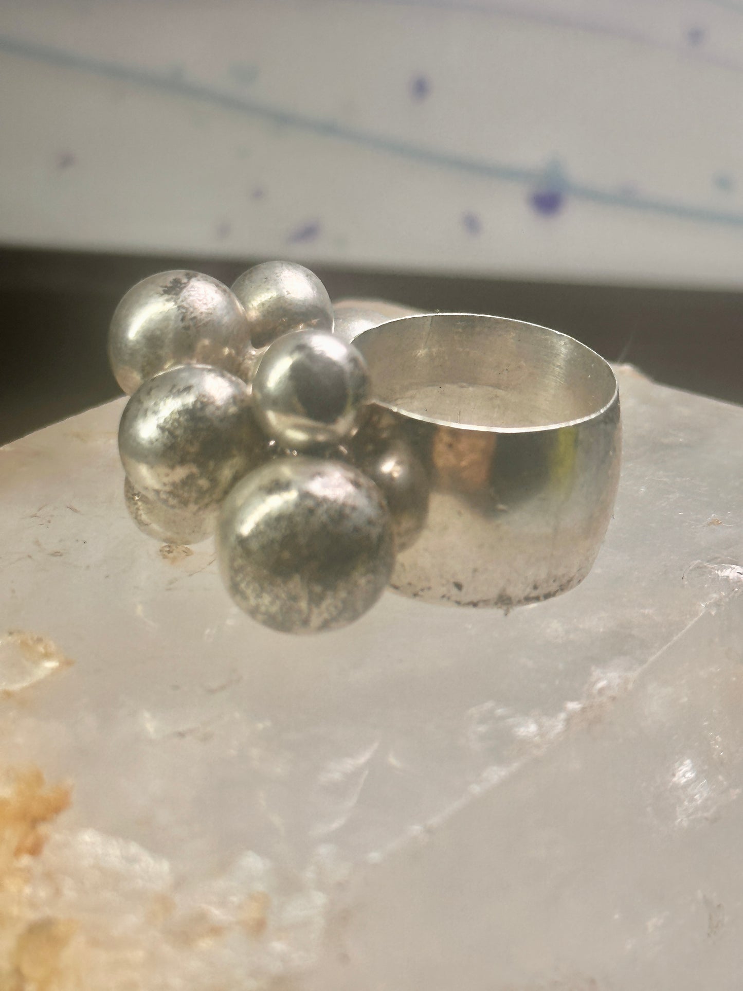 Bead Cluster ring moving Heavy balls cha cha wide band size 7.50 sterling silver women 1970's