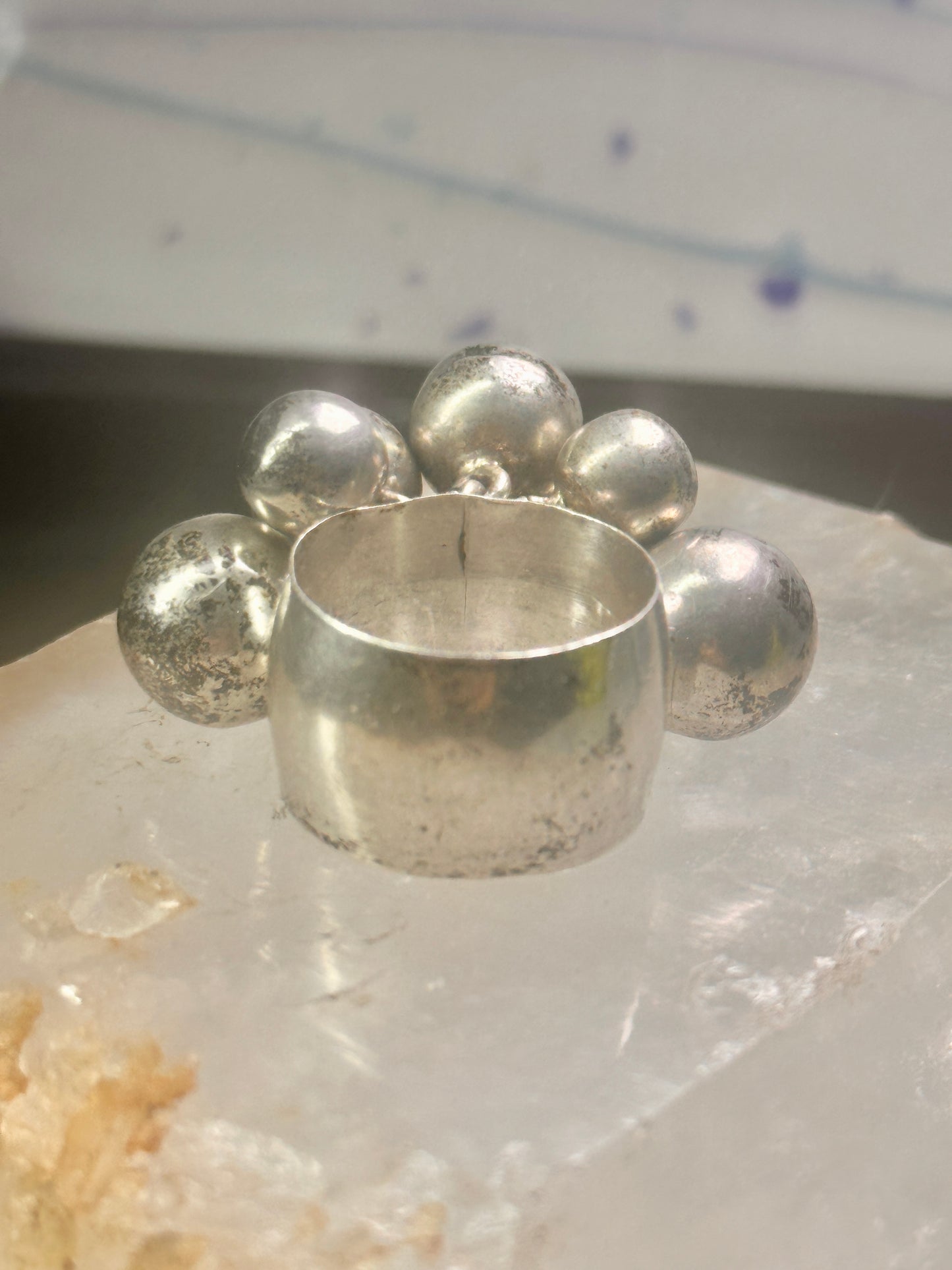 Bead Cluster ring moving Heavy balls cha cha wide band size 7.50 sterling silver women 1970's