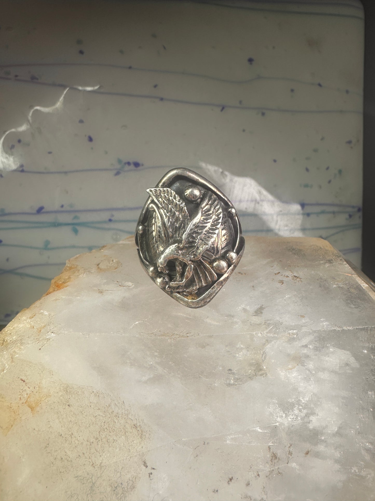 Eagle ring Navajo size 15 sterling silver women men signed LF