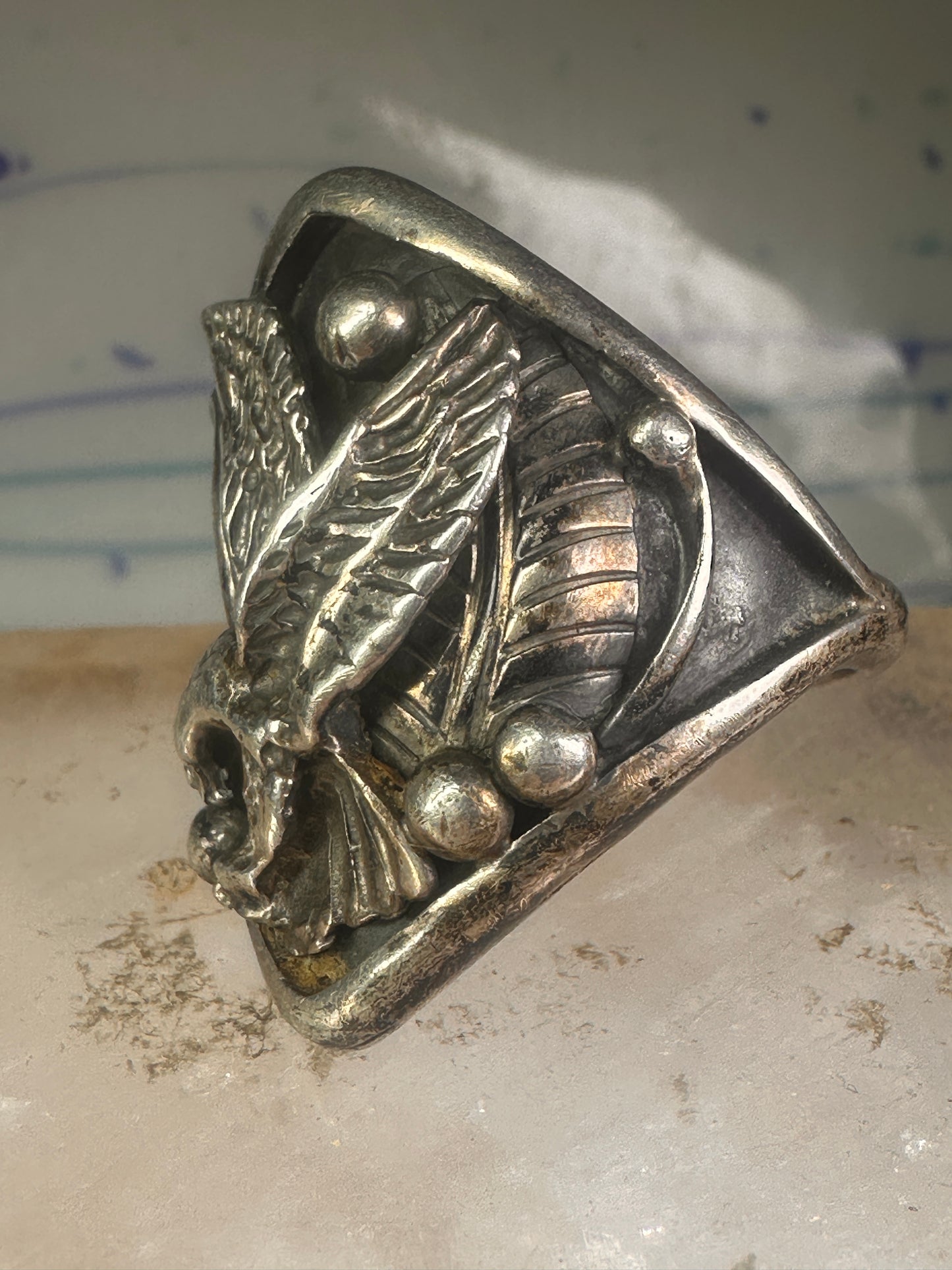 Eagle ring Navajo size 15 sterling silver women men signed LF