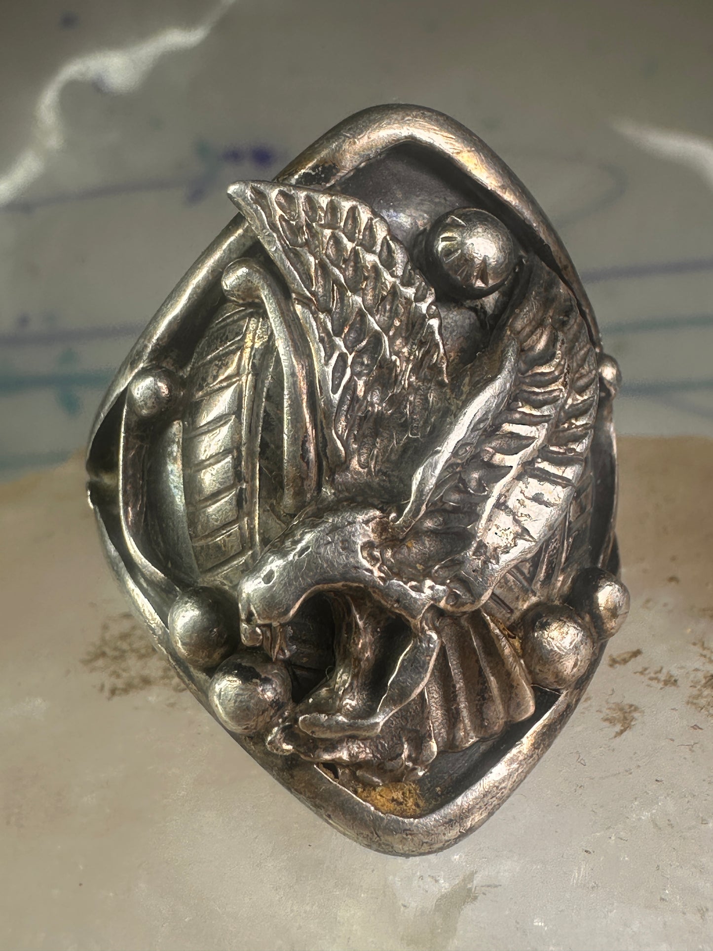 Eagle ring Navajo size 15 sterling silver women men signed LF
