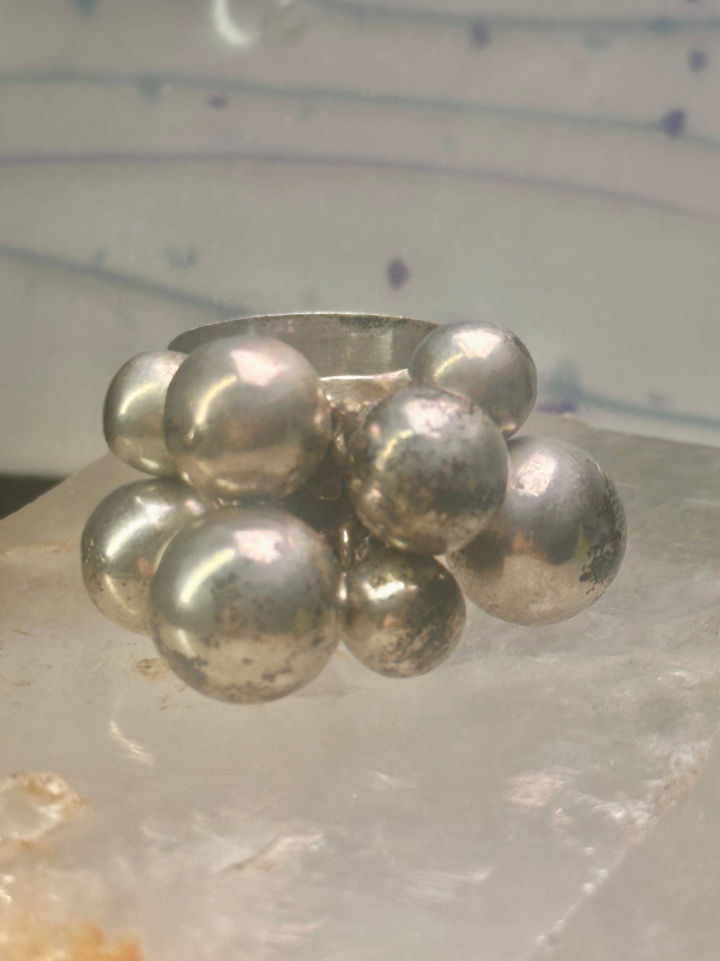 Bead Cluster ring moving Heavy balls cha cha wide band size 7.50 sterling silver women 1970's