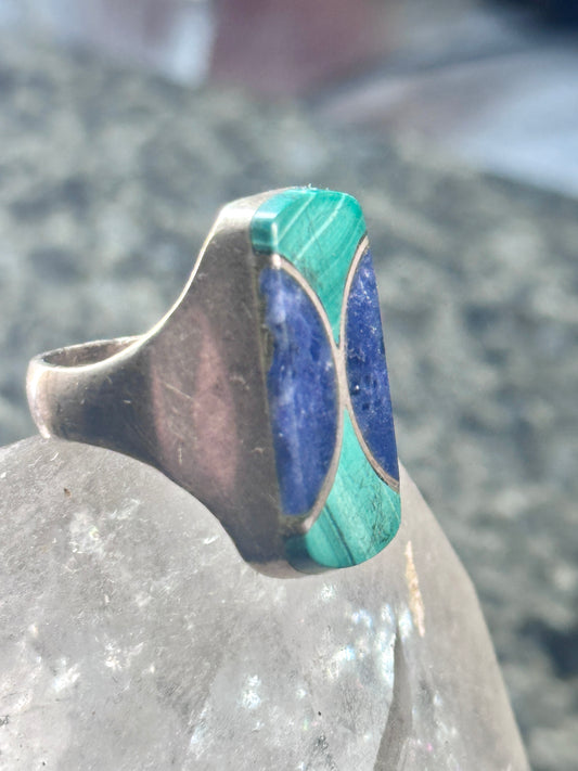 Vintage Malachite Blue Lapis Ring J Comes Taxco Mexico size 8.7 Sterling silver women men