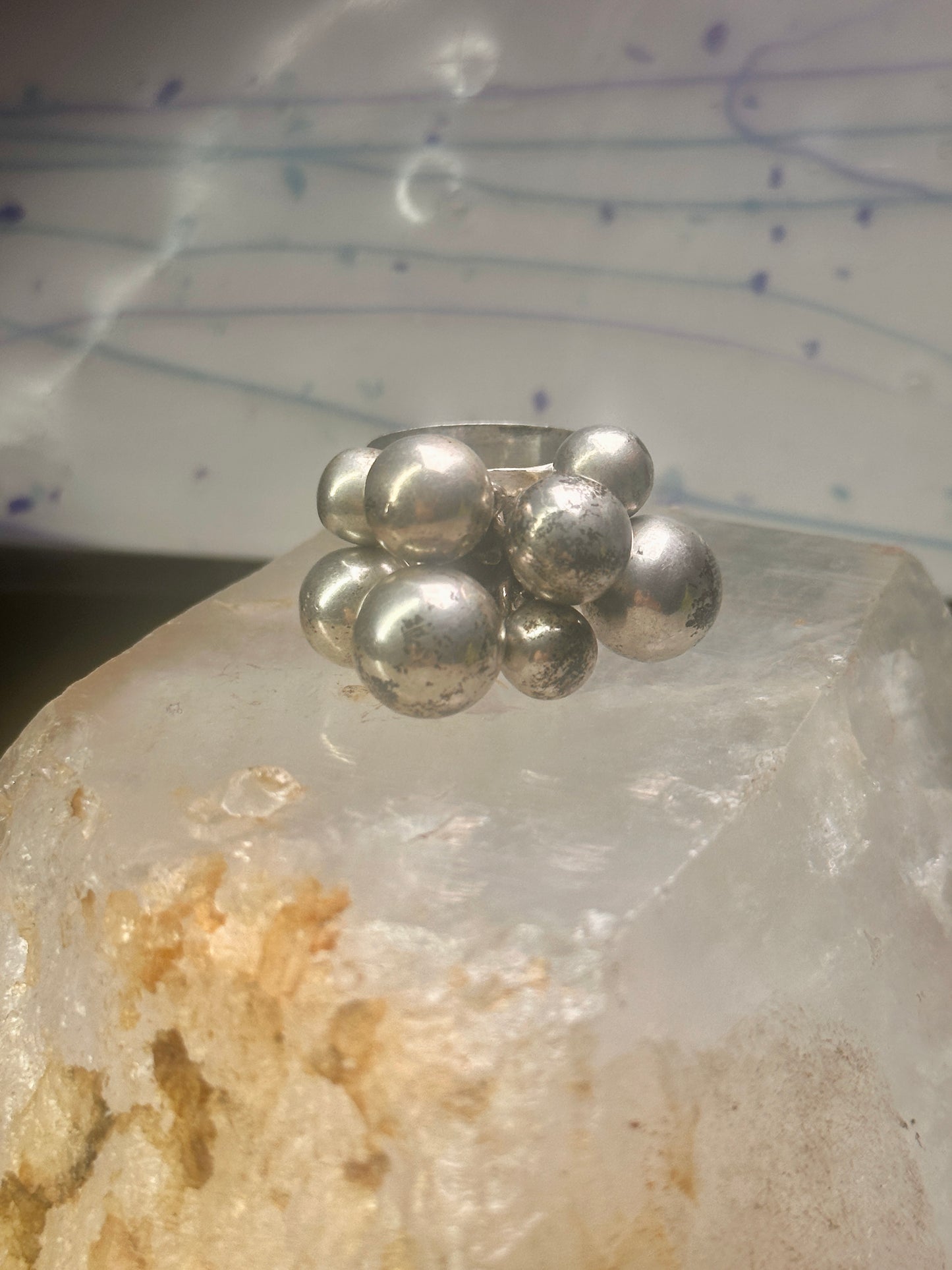 Bead Cluster ring moving Heavy balls cha cha wide band size 7.50 sterling silver women 1970's