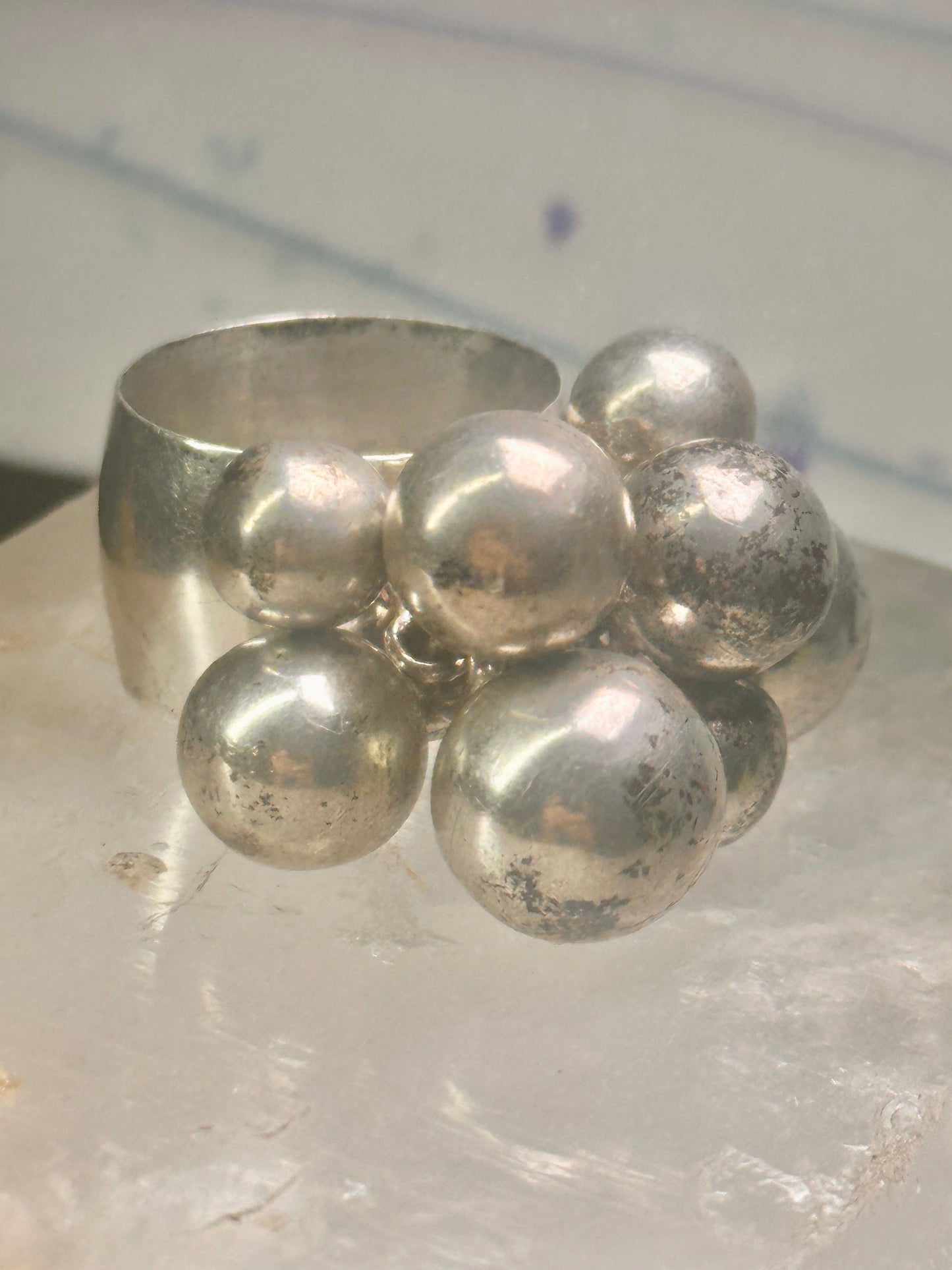 Bead Cluster ring moving Heavy balls cha cha wide band size 7.50 sterling silver women 1970's