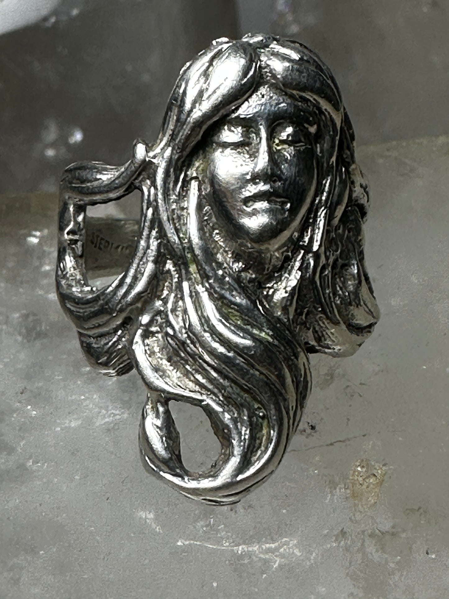 Sleeping Face ring flowing hair Size 6 Art Nouveau figurative band  Sterling Silver women