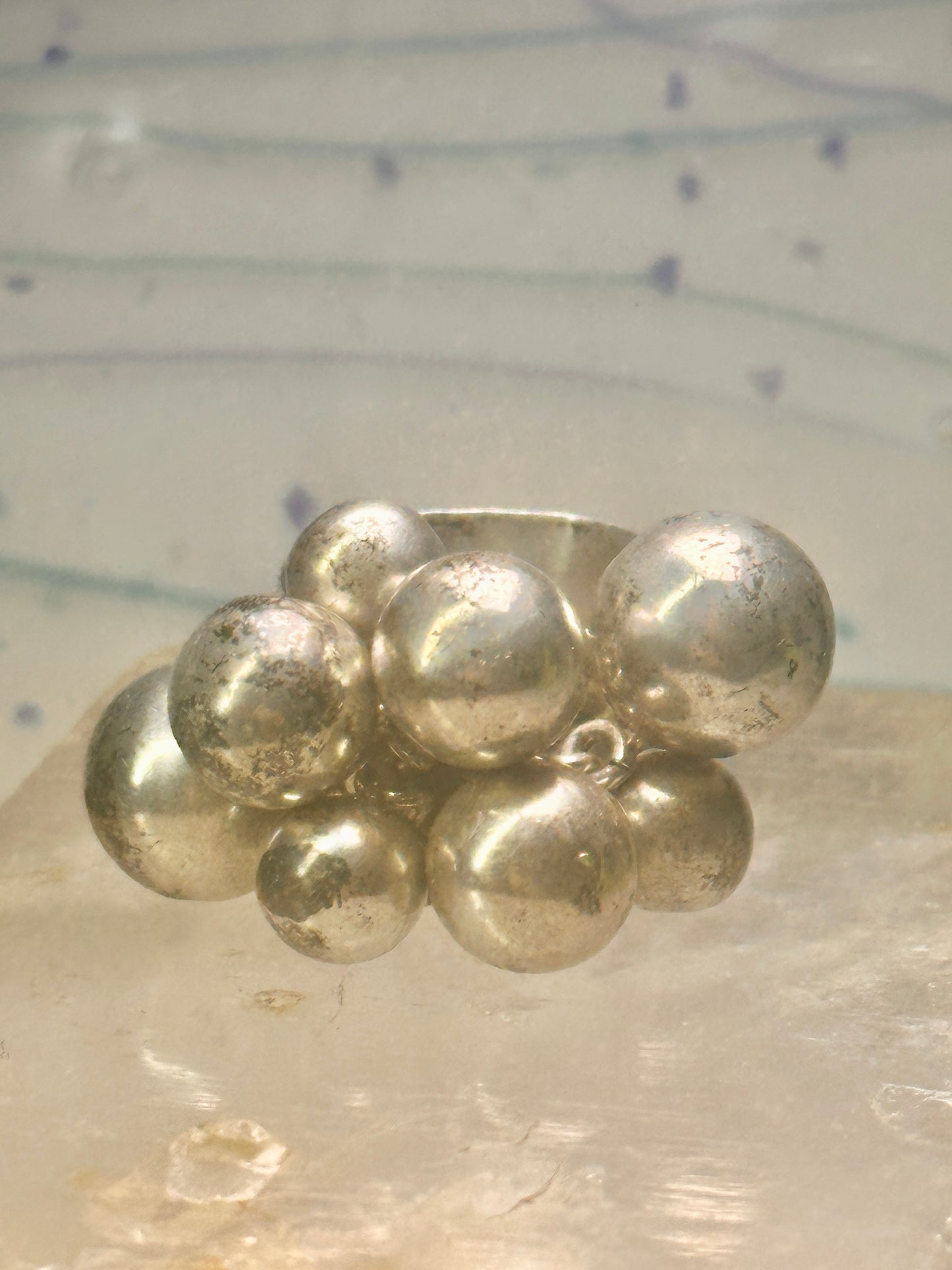 Bead Cluster ring moving Heavy balls cha cha wide band size 7.50 sterling silver women 1970's
