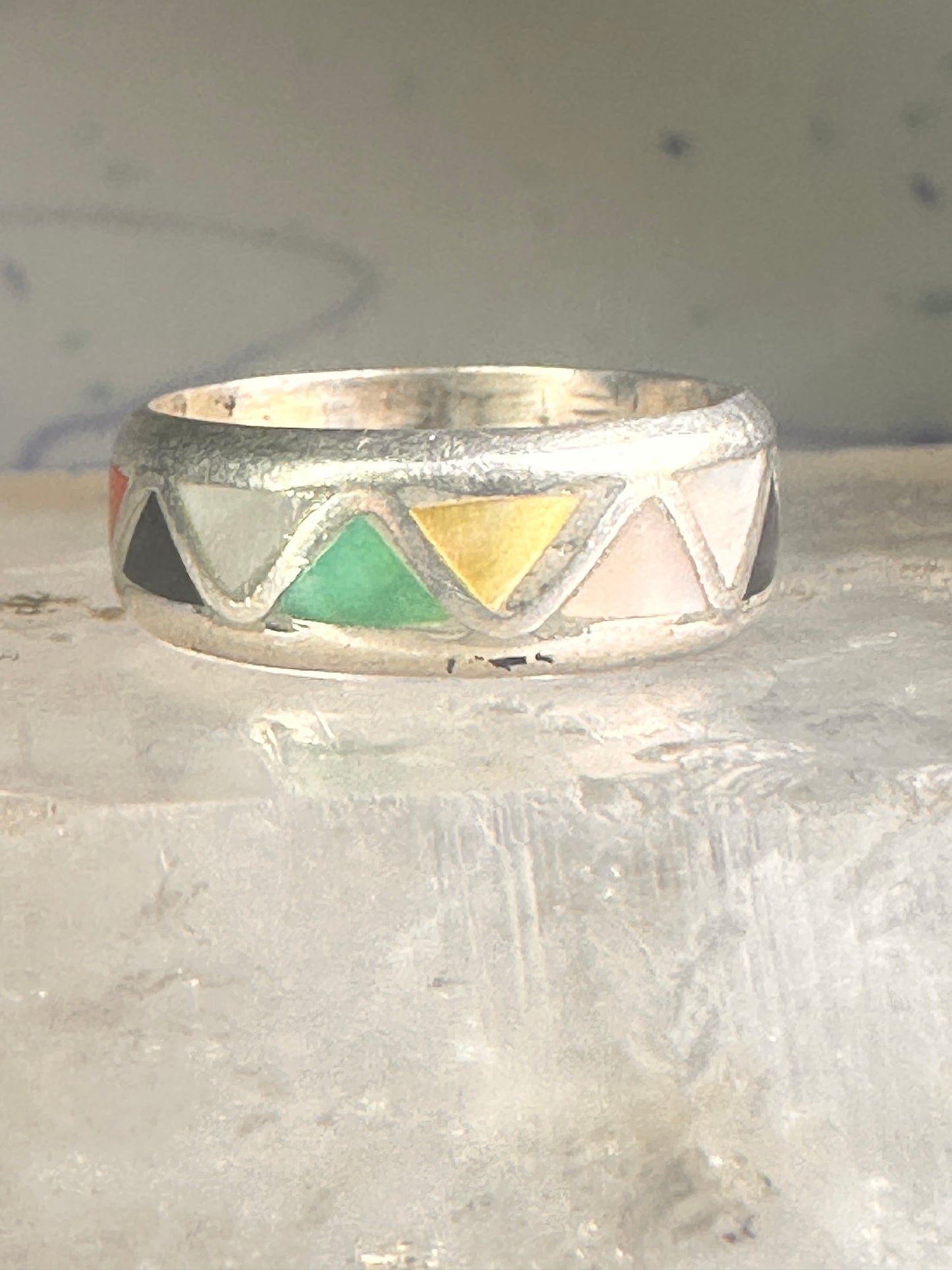 Zuni ring wedding band turquoise onyx coral MOP size 6.25 sterling silver women men&nbsp;