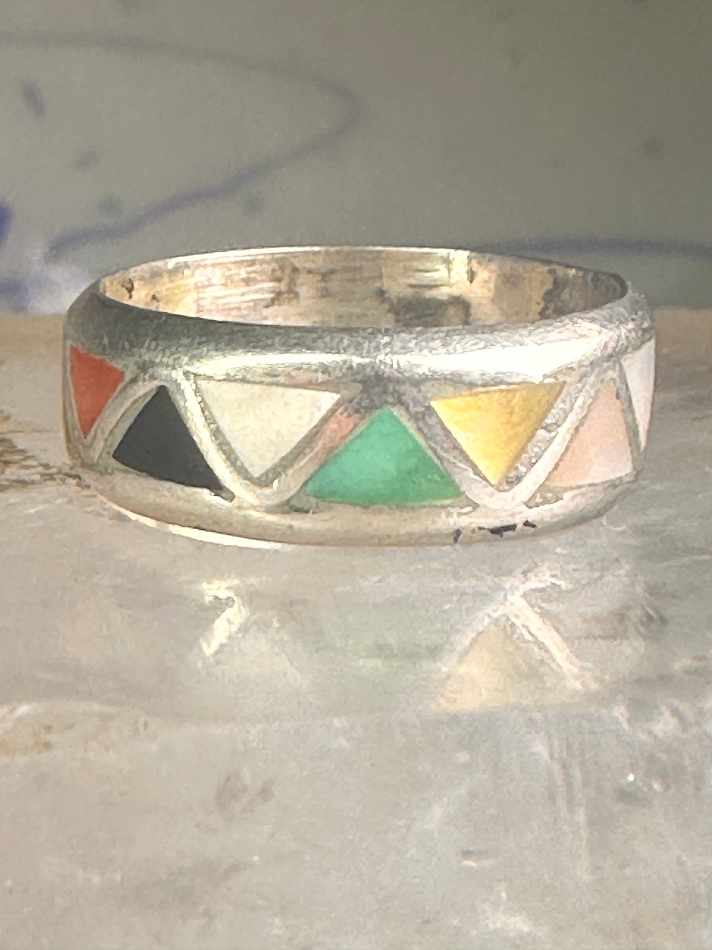 Zuni ring wedding band turquoise onyx coral MOP size 6.25 sterling silver women men&nbsp;