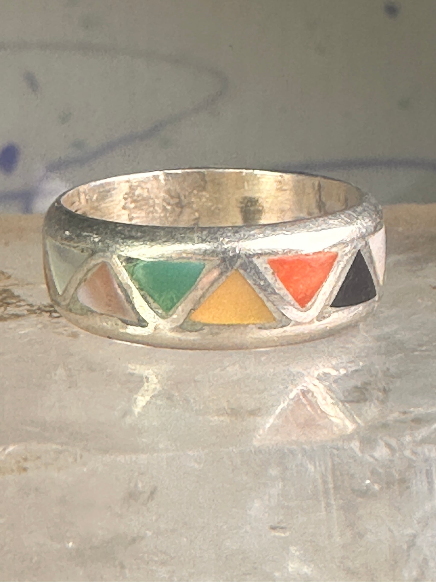 Zuni ring wedding band turquoise onyx coral MOP size 6.25 sterling silver women men&nbsp;