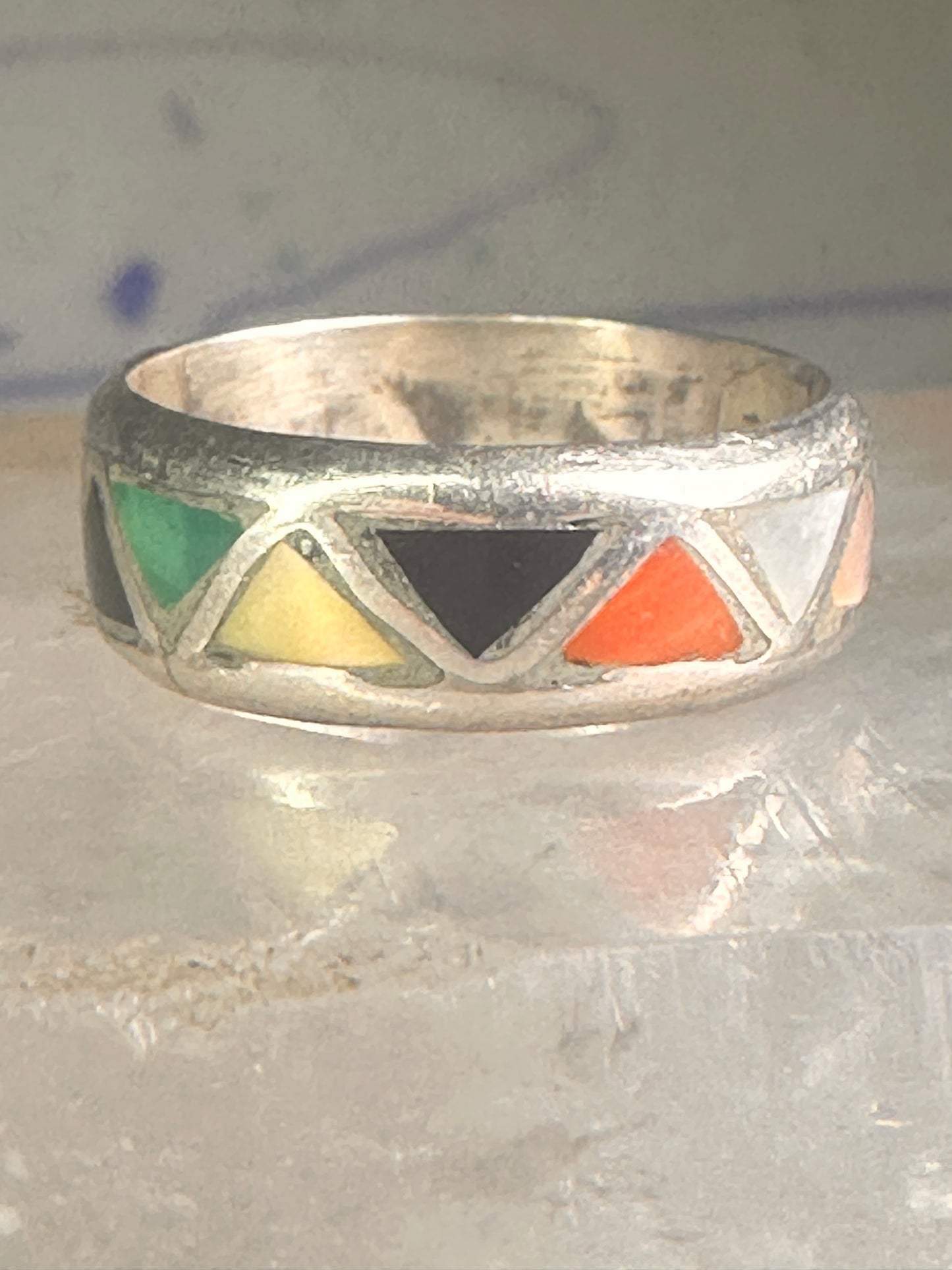 Zuni ring wedding band turquoise onyx coral MOP size 6.25 sterling silver women men&nbsp;