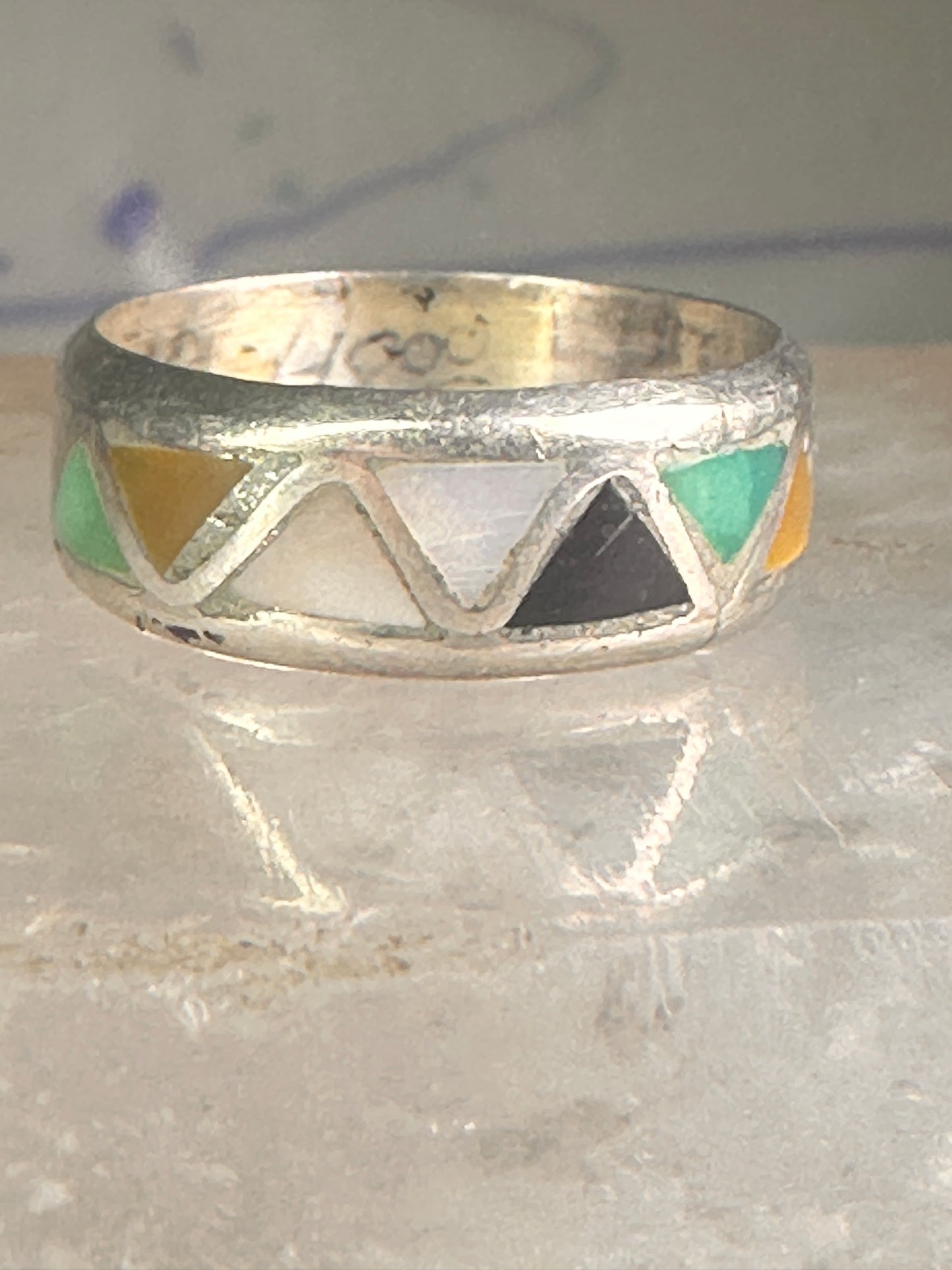 Zuni ring wedding band turquoise onyx coral MOP size 6.25 sterling silver women men&nbsp;