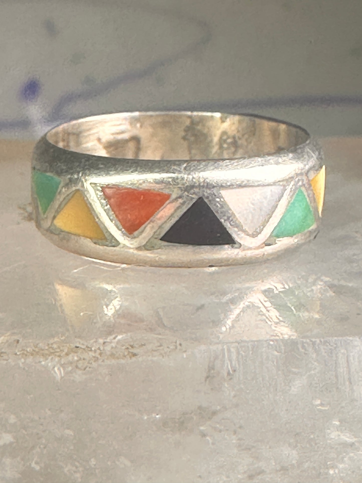 Zuni ring wedding band turquoise onyx coral MOP size 6.25 sterling silver women men&nbsp;