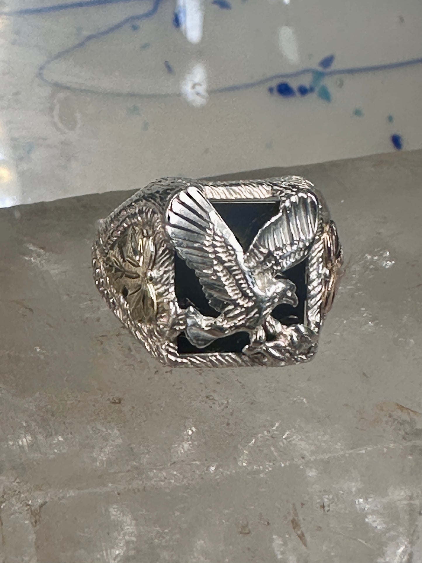 Eagle ring Black Hills Gold Onyx band size 11 sterling silver women men