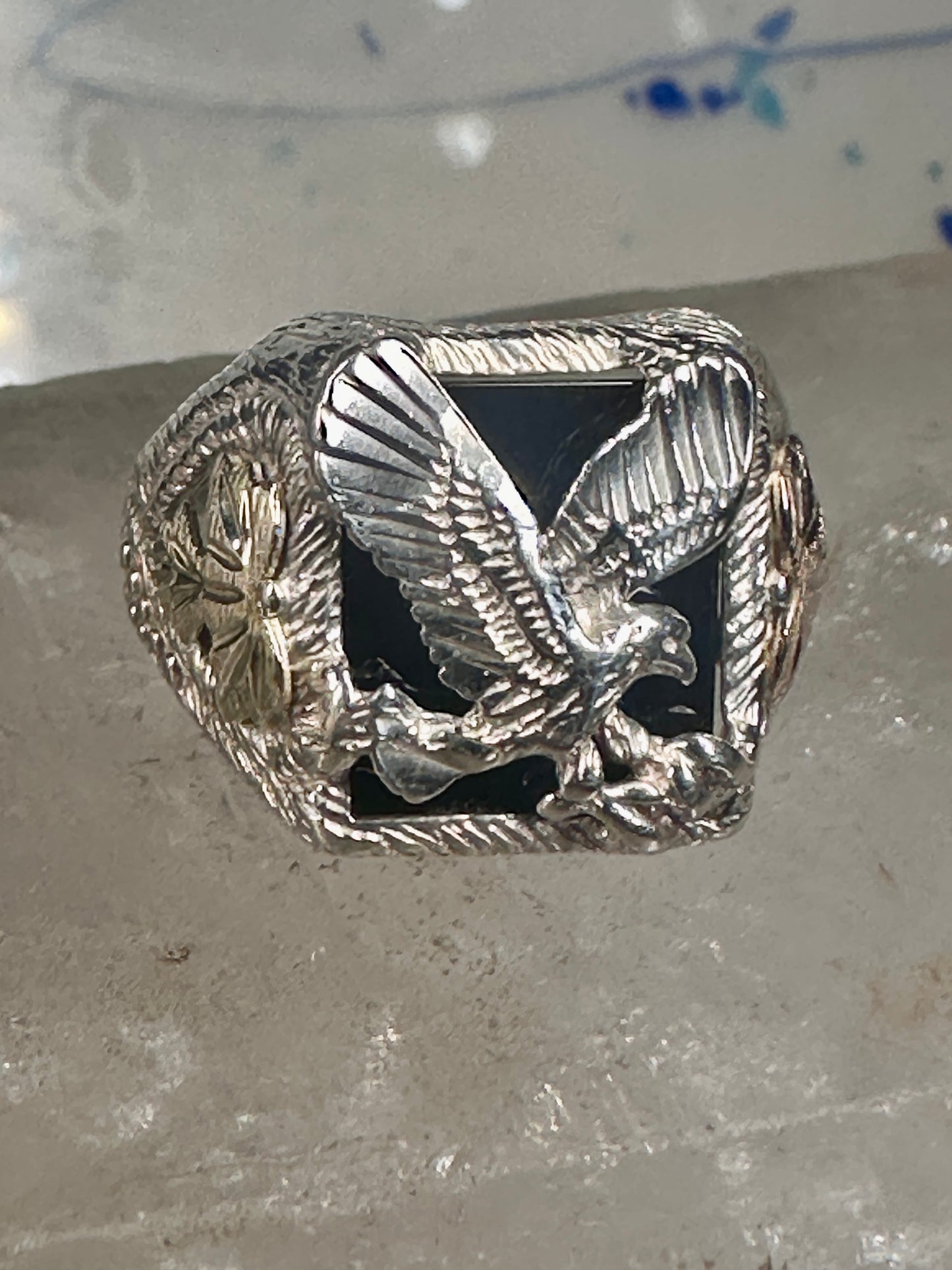 Eagle ring Black Hills Gold Onyx band size 11 sterling silver women men