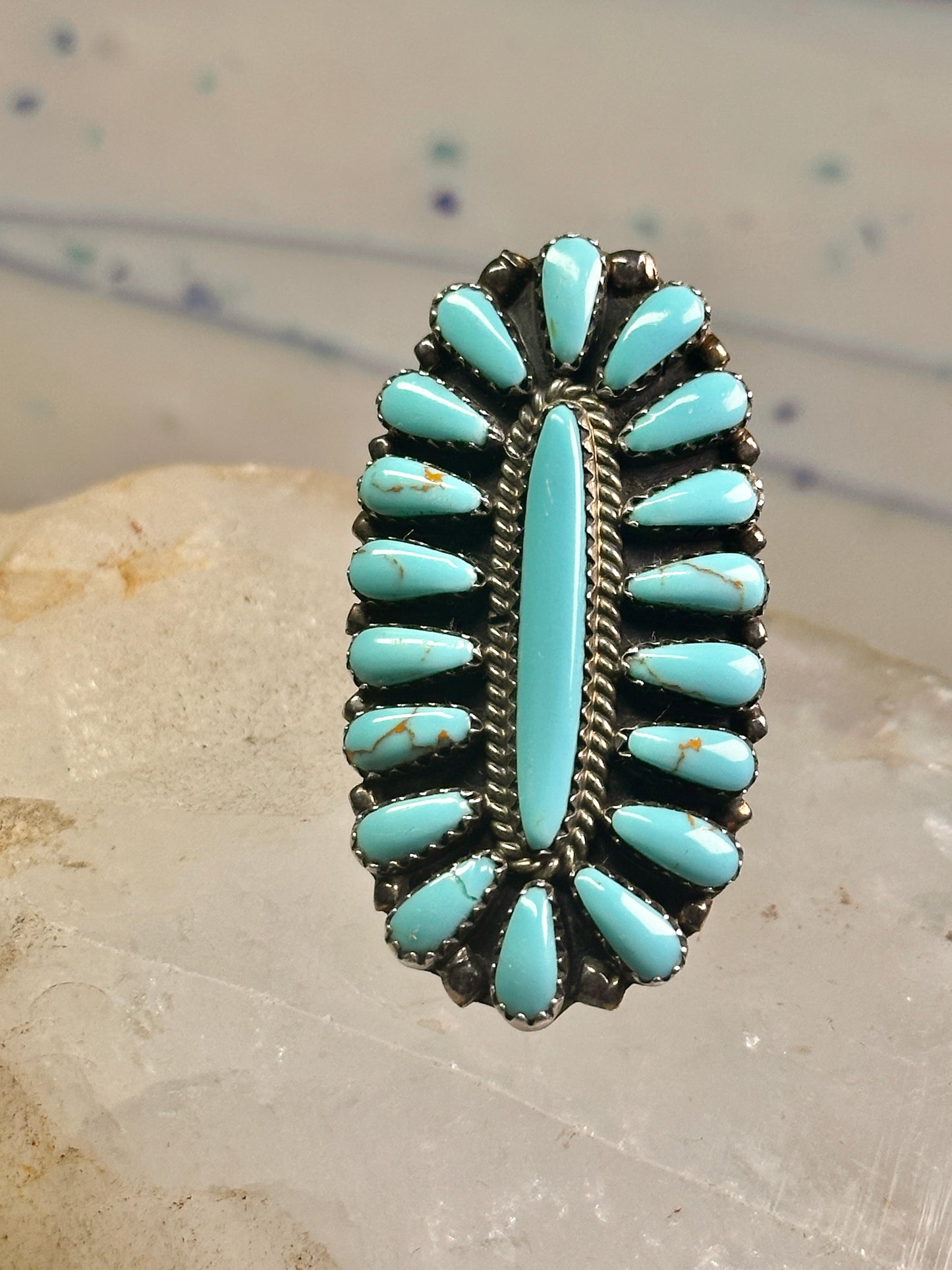 Zuni needlepoint ring turquoise Size 8.25  long full finger sterling silver vintage 1940's women